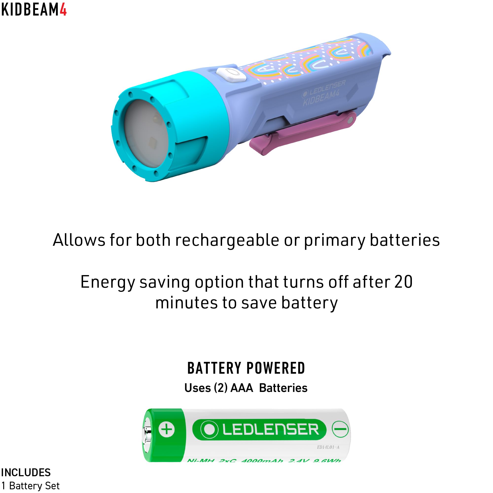 Ledlenser Kidbeam4 Flashlight - Purple, Multiple Color Functions, Reduced Glare, Model 502789