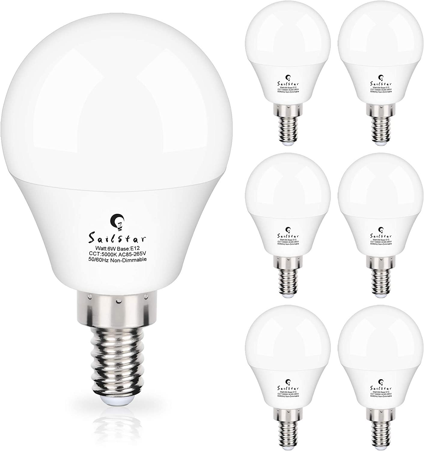 Sailstar LED Candelabra Bulbs, 60W Equivalent, Daylight White 5000K, E12 Base, 6W A15, 6-Pack