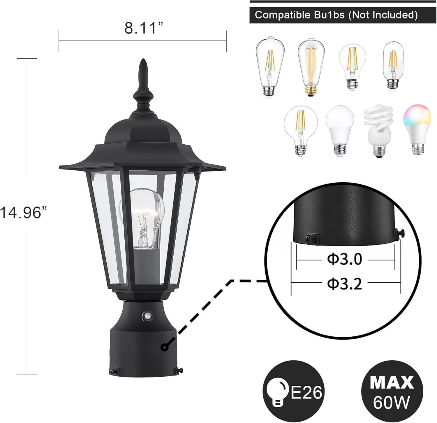 Outdoor Post Lights, Dusk To Dawn Lamp Post Light Fixture With E26 Socket, Exterior Post Lantern With Clear Glass Shade, Pillar