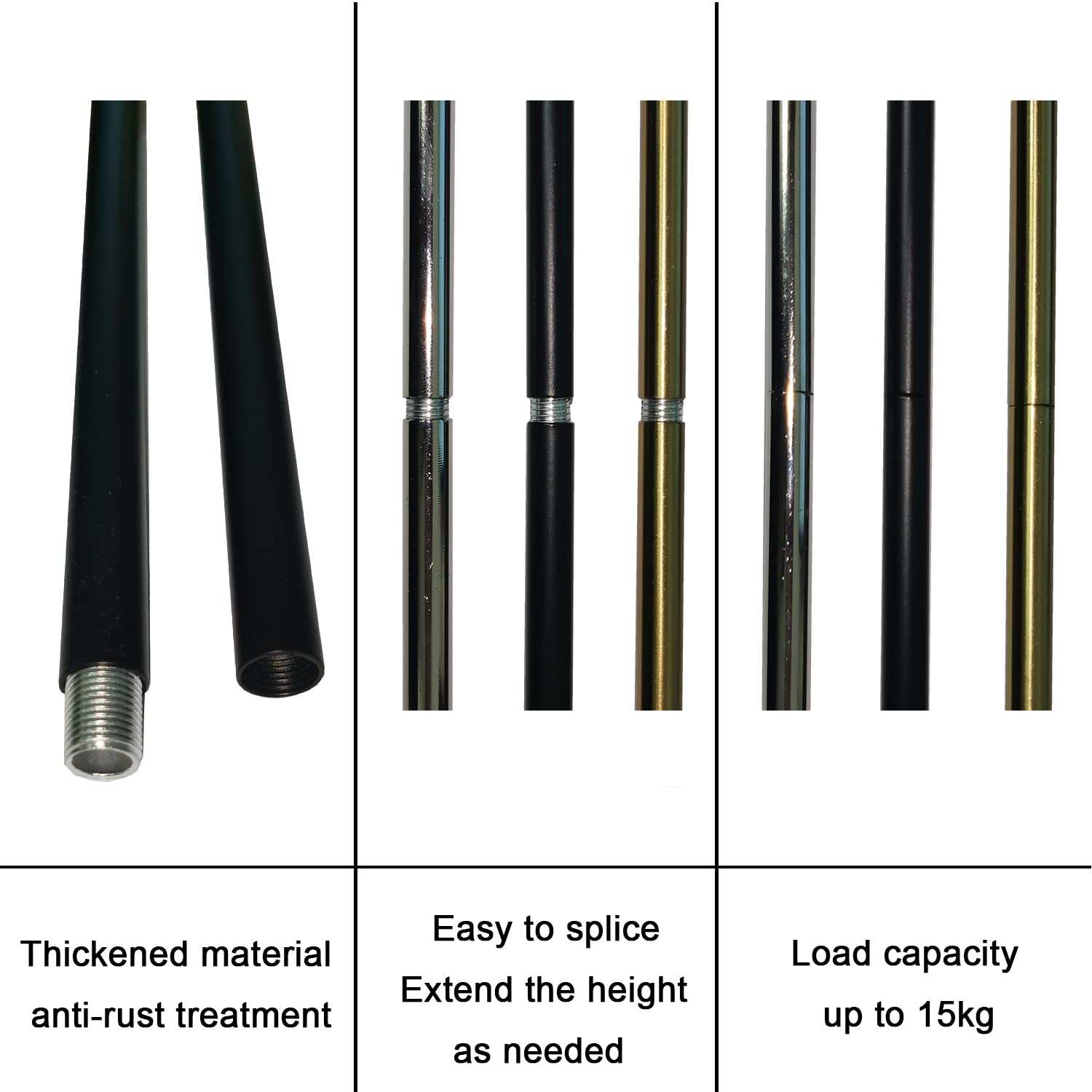 Haligate Matte Black M12 Threaded Extension Rod For Pendant Light, Island Lighting, Chandeliers,Lighting Fixture Downrods & Stems,12 Inches