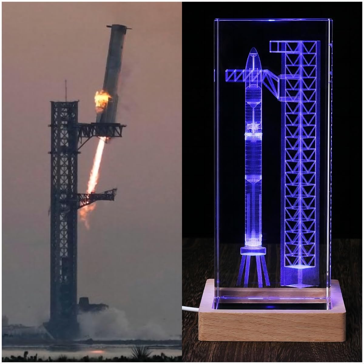 EMGTMS Y&Z Crystal Lamp - SpaceX Starship 3D Laser-Etched Night Light, Large, Multicolor, Model A12-1