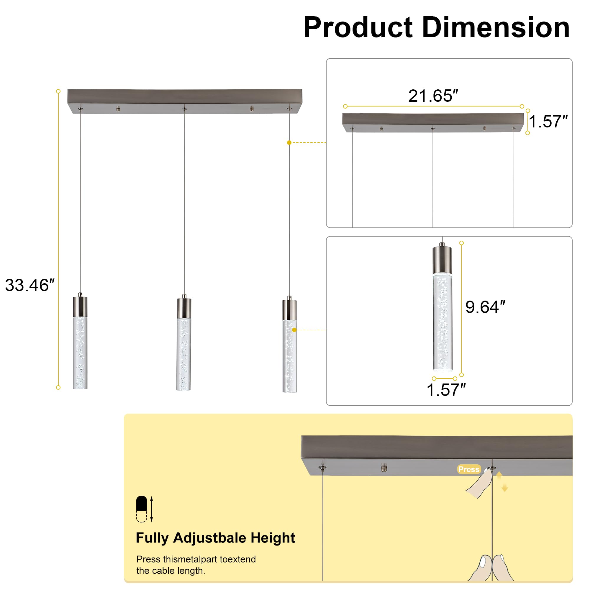 BESTWEST Modern Pendant Light - 3-Lights, Brushed Nickel, Dimmable, Adjustable Height, Model BW-02-3Z-BN24W