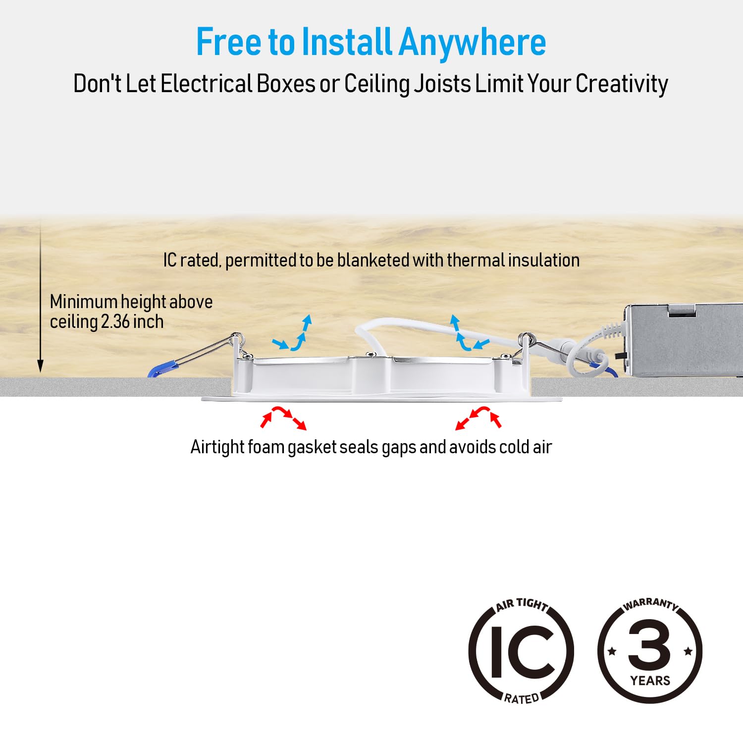 Torchstar 8-Pack 5Cct 6 Inch Slim Led Recessed Lighting With Junction Box, Anti-Glare Baffle Trim, Cri90 Dimmable Aluminum Ceiling Downlight, Air Tight & Ic Rated, 2700K3000K3500K4000K5000K Selectable