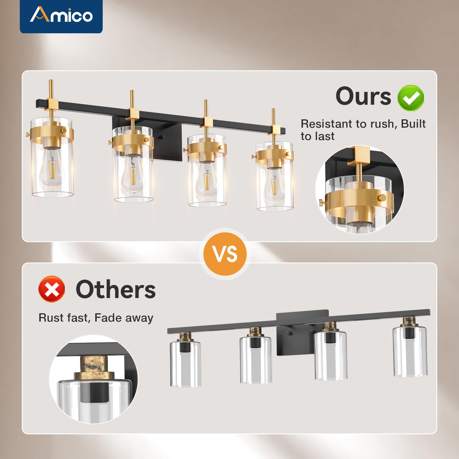 Amico Vanity Lights For Bathroom, 4-Lights Bathroom Light Fixture Over Mirror For Bath Glass Shade Light, Wall Sconce Lighting F