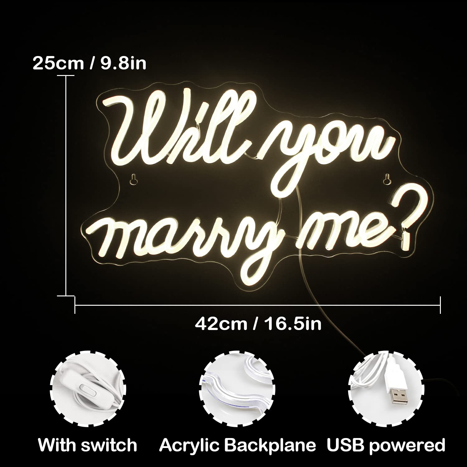 Wanxing Neon Sign - Will You Marry Me LED Wall Decor - Warm White - 16.5 x 9.8 inches - USB Powered for Weddings and Proposals