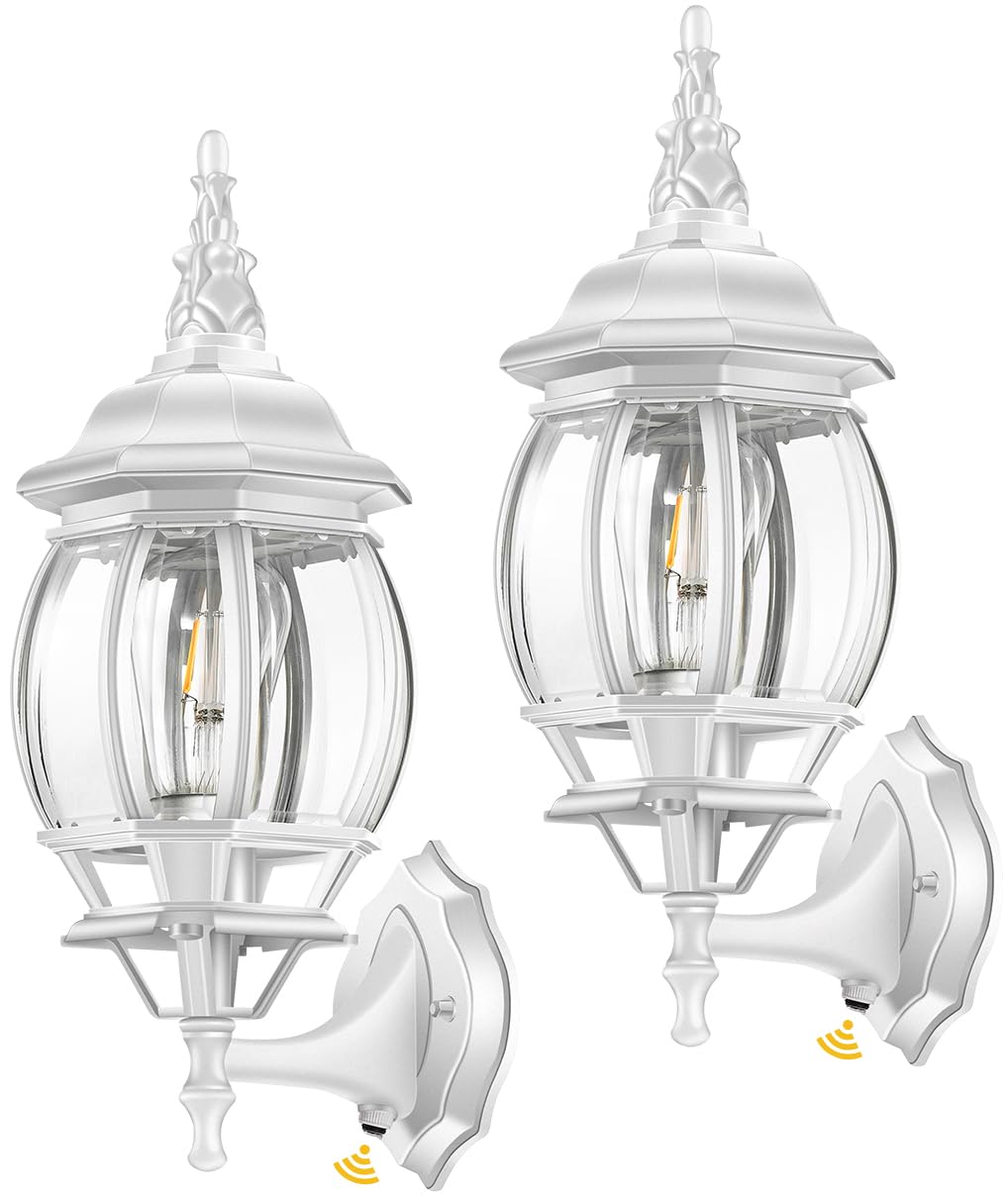 VIANIS White Dusk to Dawn Porch Light  Outdoor Sconces Wall Lighting Lantern  100% Aluminum Outside Light Fixtures for House  Waterproof LED Exterior Garage Lights Wall Mount Lamp for Entrance 2-Pack