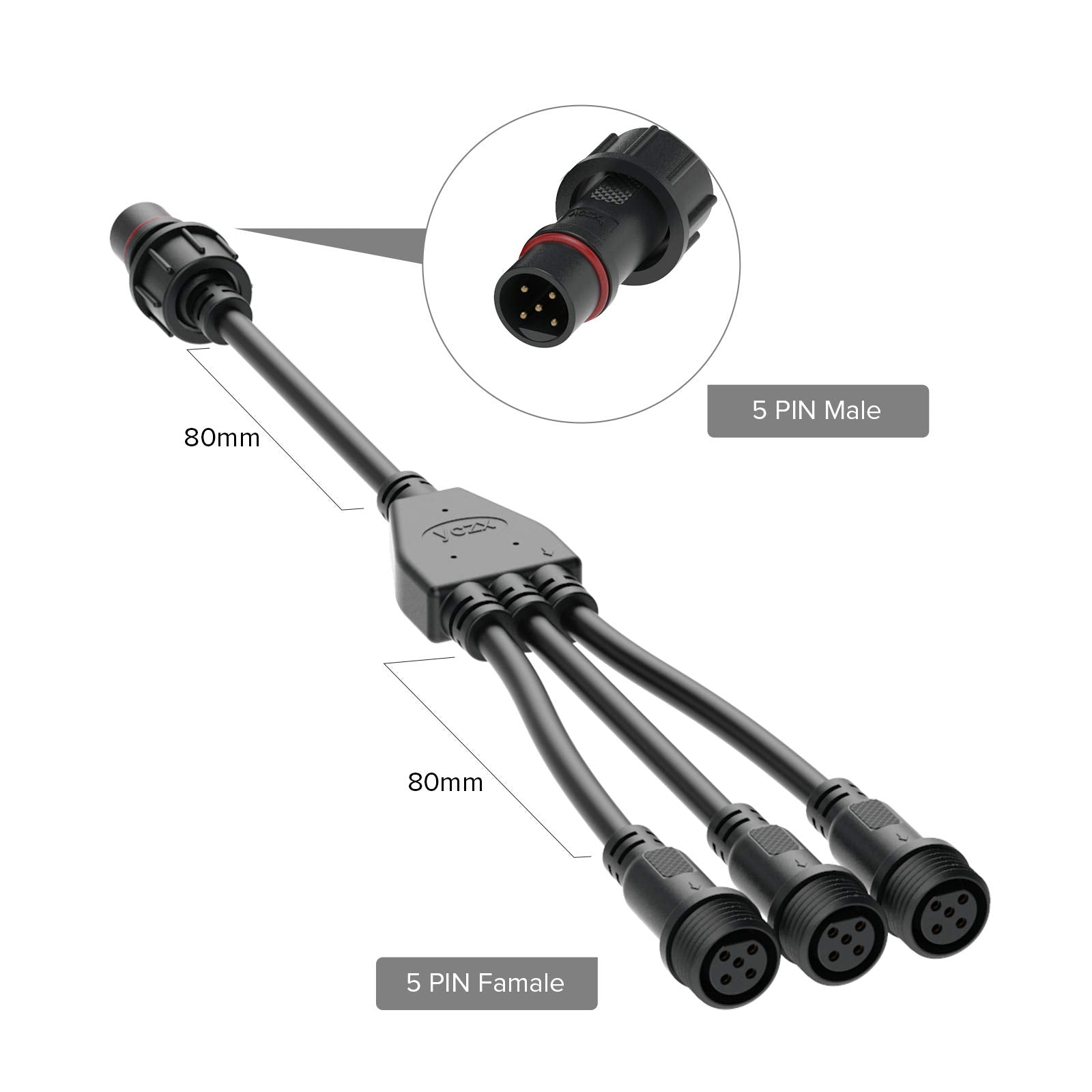 Btf-Lighting 5 Core 5 Pin Big Size Ip65 Y Shape 1 Male Divided 3 Female Splitter Connector Black Plastics 0.32Mm/22Awg 22Mm Nut
