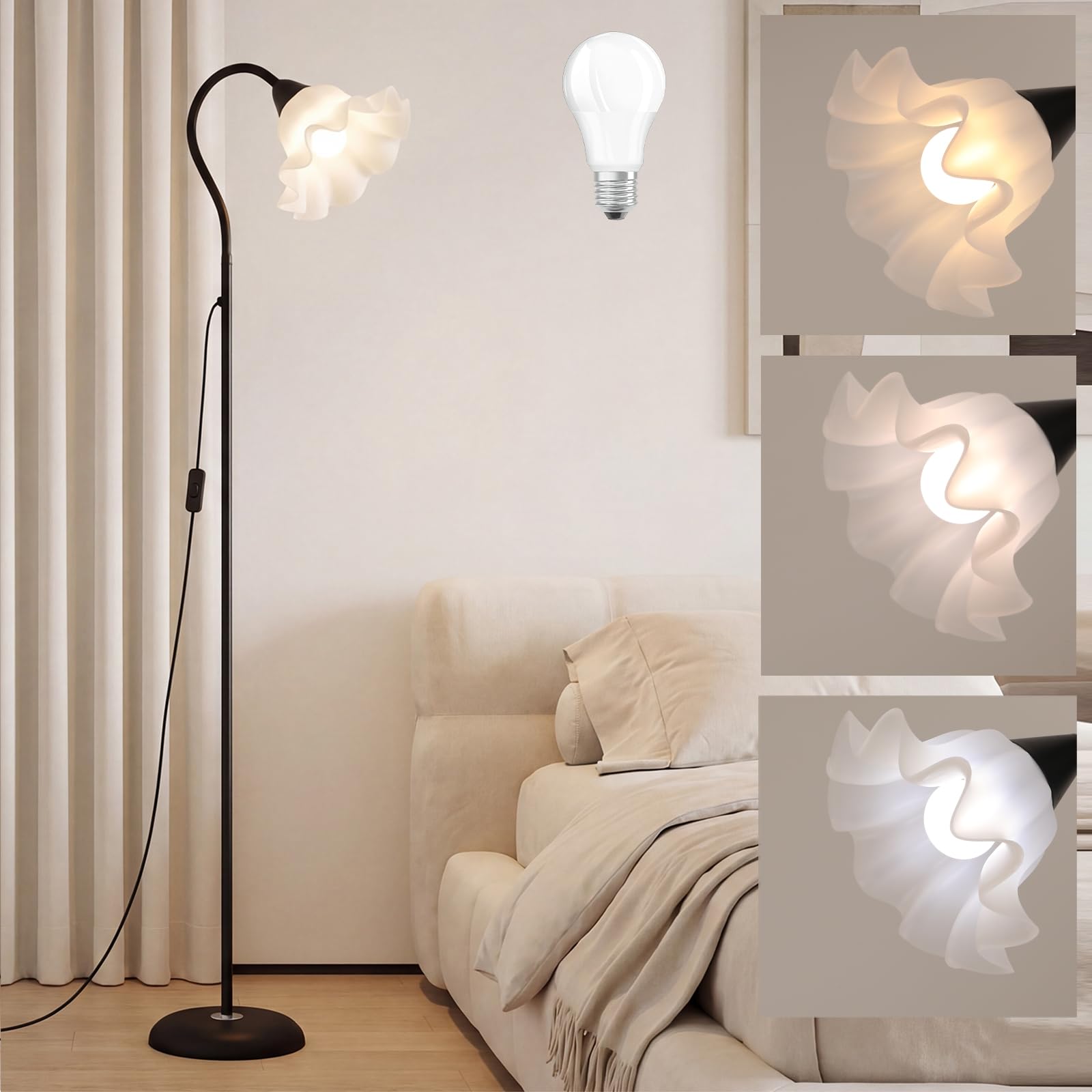AoMck Flower Standing Floor Lamp Adjustable Height Flexible Bendable Floor Lamp Whimsical Cute Floral Floor Reading Lamp Short B
