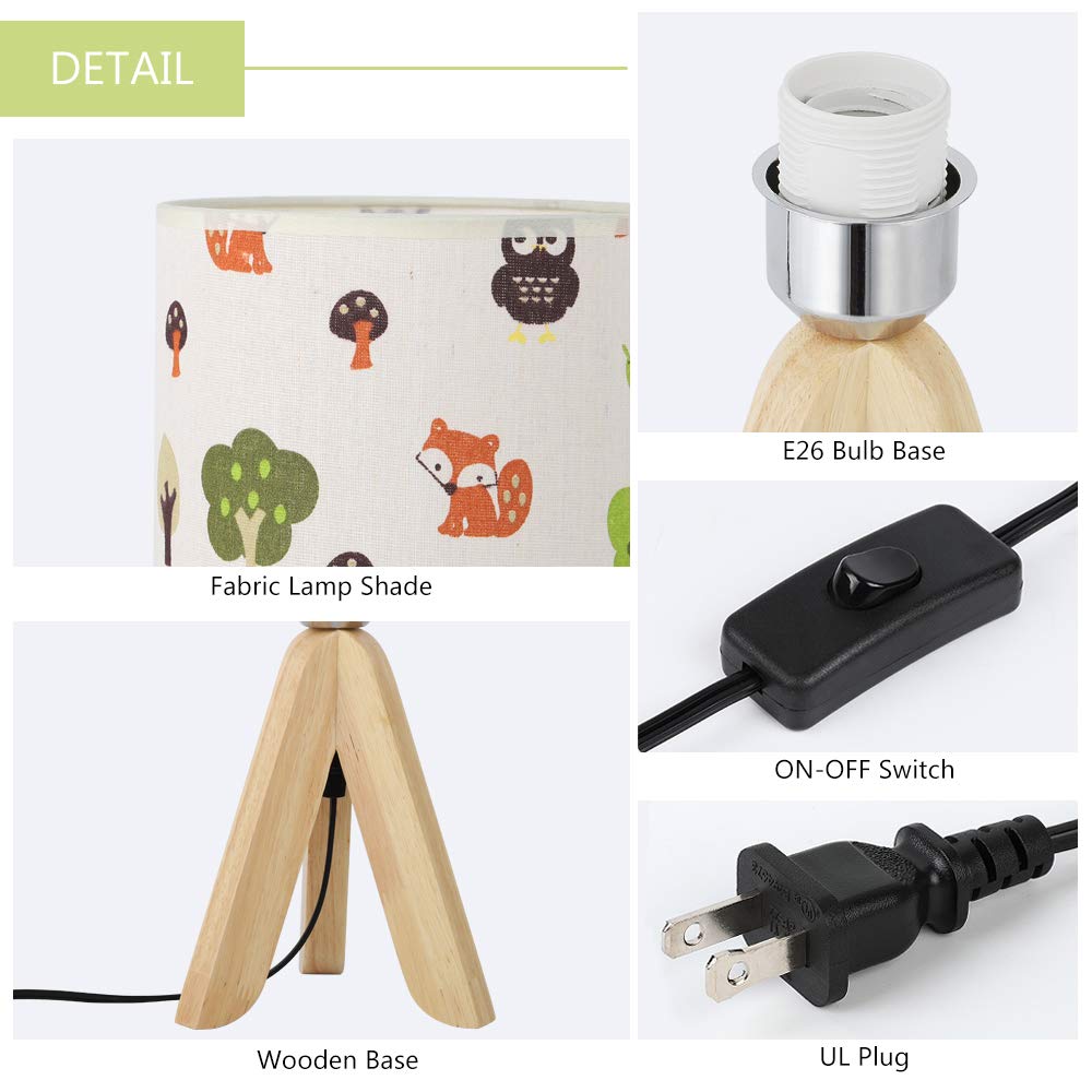 HAITRAL Tripod Table Lamp - Kids Nightstand Lamp with Cartoon Lampshade, Wood, Model ST1017-T1, Tree Color, Cartoon-1 Size