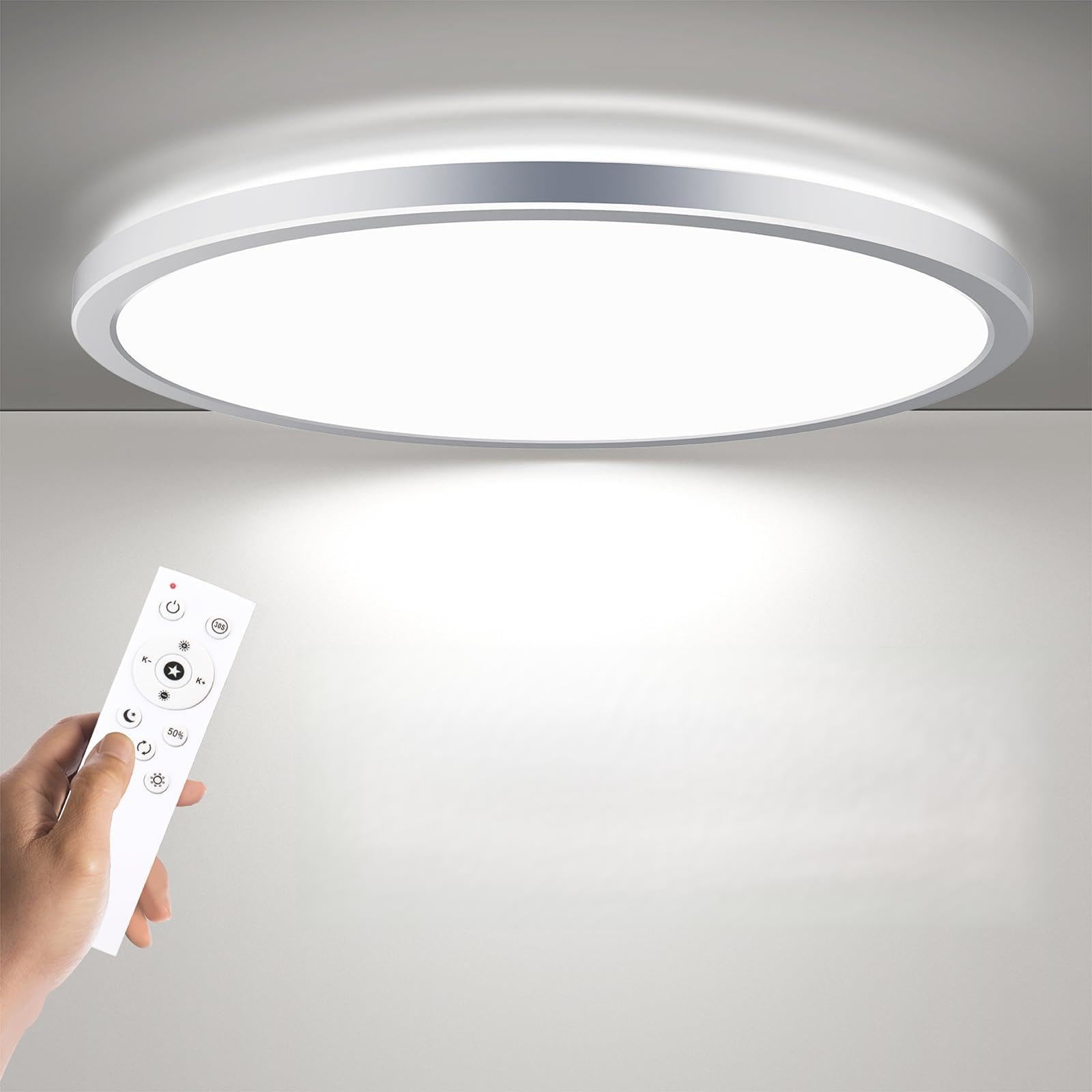 BLNAN Dimmable LED Flush Mount Ceiling Light Fixture, 12Inch, Silver, Model LD-002, Remote Control, 3000K-6500K, Low Profile