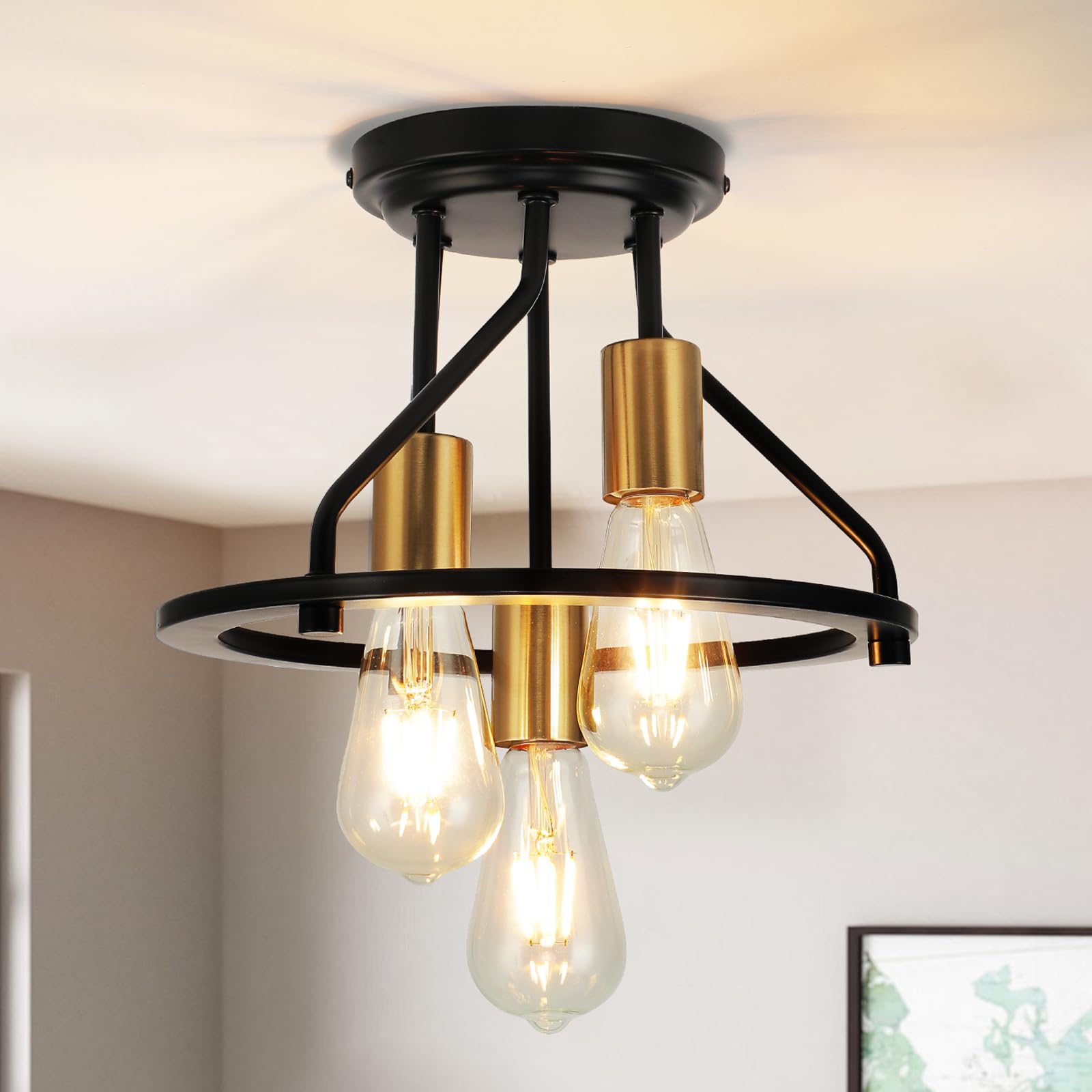 Wilon Semi Flush Mount Ceiling Light 3-Light Ceiling Light Fixtures - Industrial Hallway Light Fixtures Black Gold Farmhouse Kitchen Light E26 Socket Ceiling Lamp For Hallway Kitchen Foyer