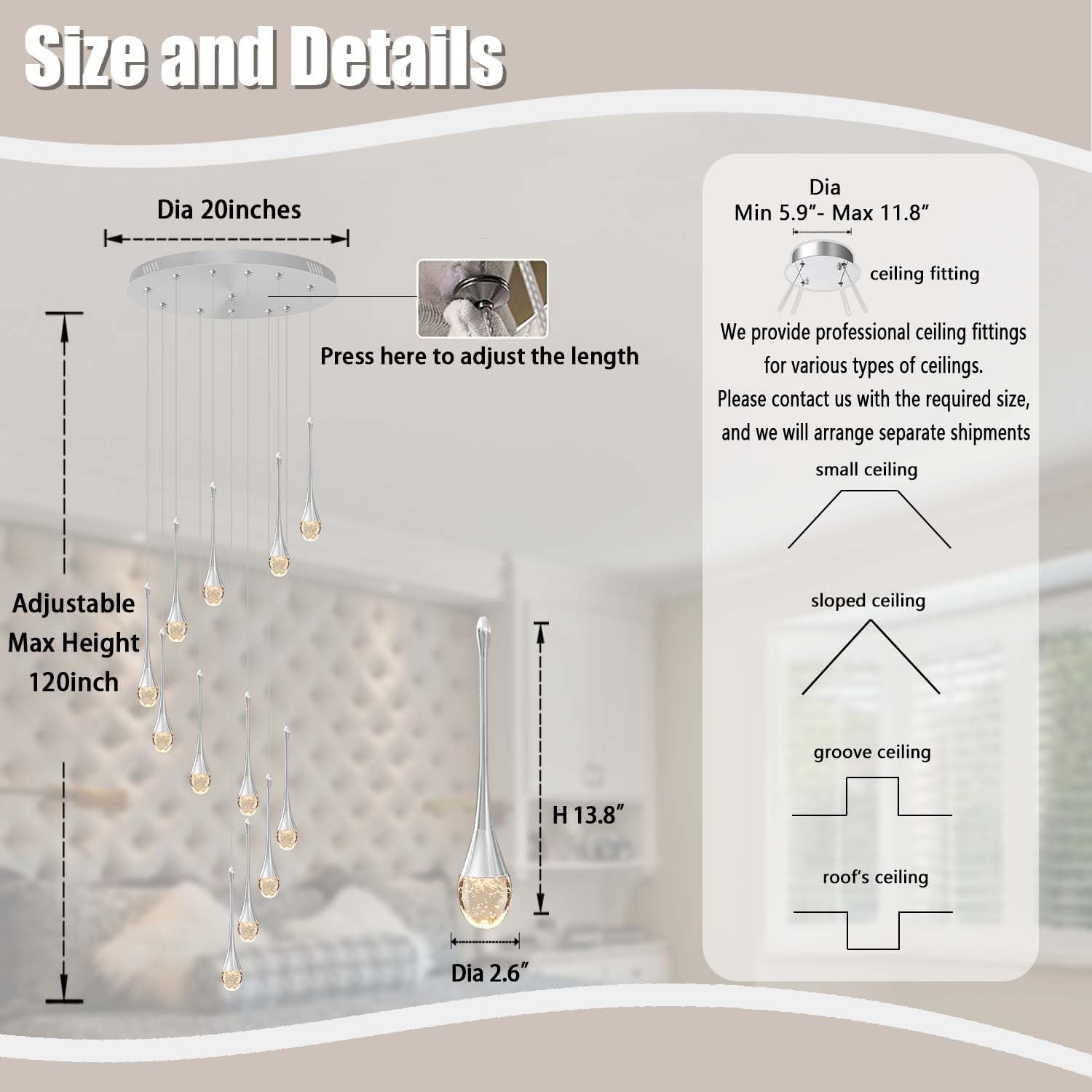 ykolupty Crystal Raindrop Chandelier, 12 Lights, Silver, Model TP0038-12Y, LED Dimmable Lighting for High Ceilings