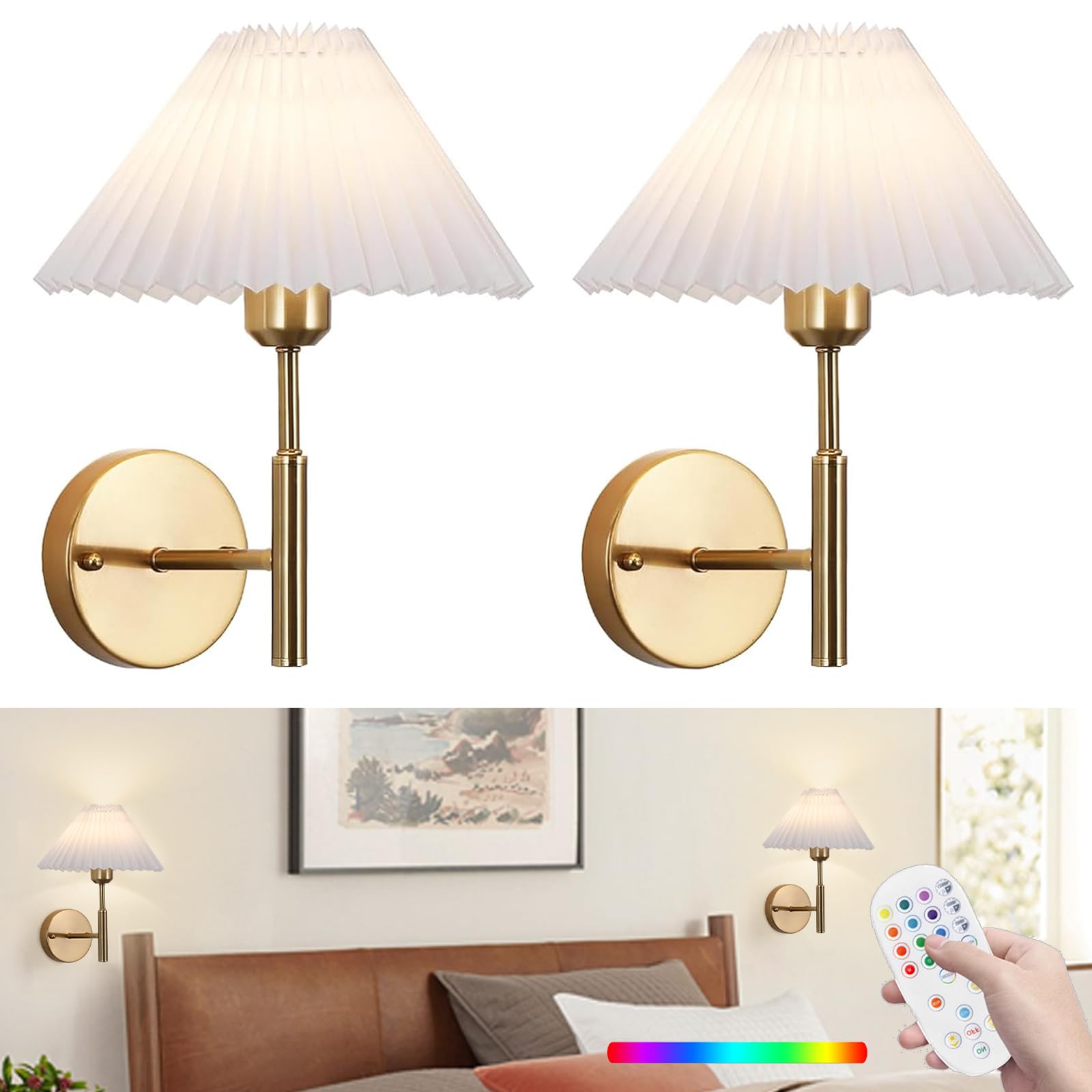 XIGUCUCN Rechargeable Wall Sconces Set of Two, Gold Metal, Dimmable with Remote Control, 15 Color Changing, Model XG-WL05GD