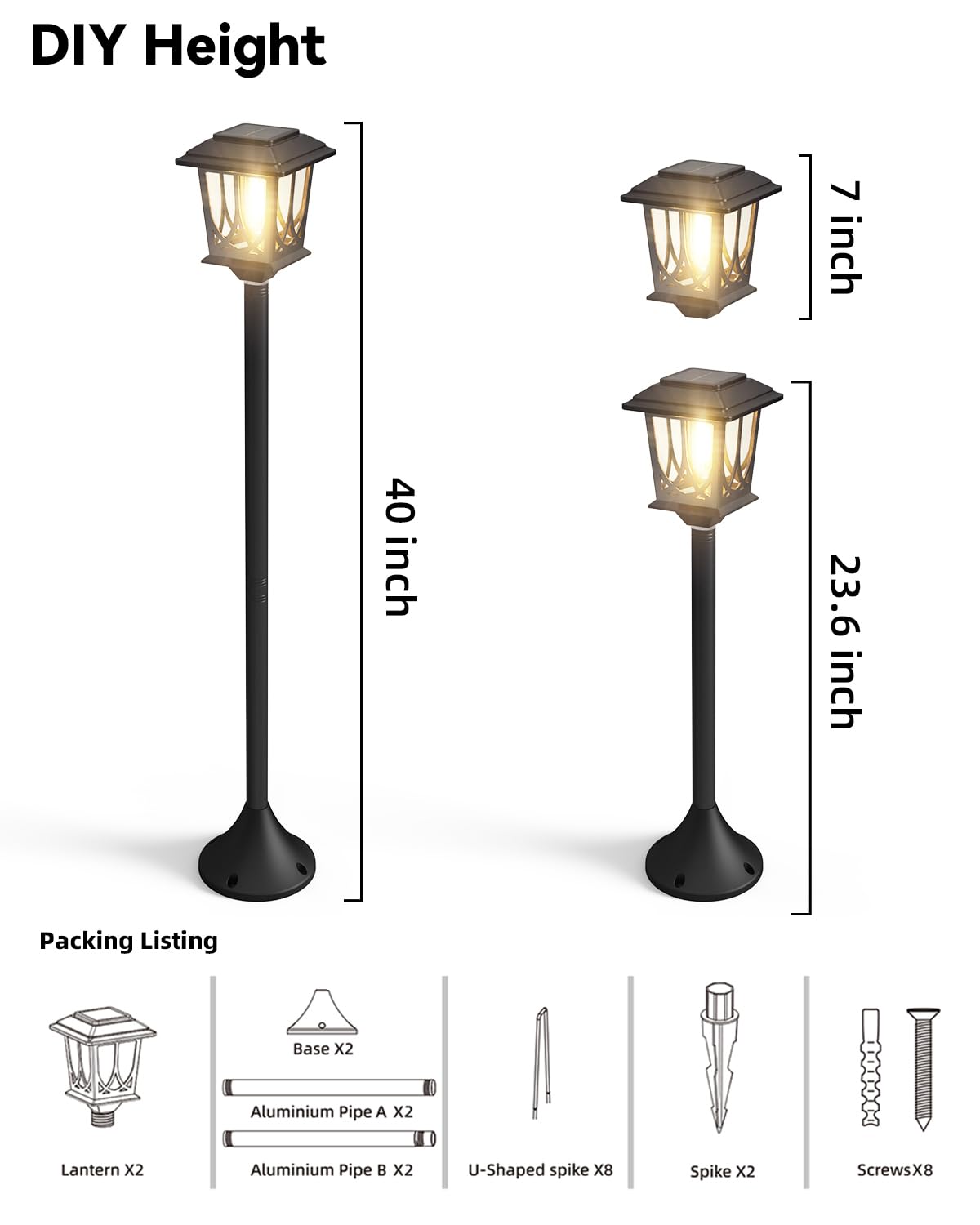 DOESLAG Solar Lamp Post Light, 40 Inch, Waterproof Metal Glass, Auto Dusk-to-Dawn, Black, Model ZCJN-19I, 2 Pack