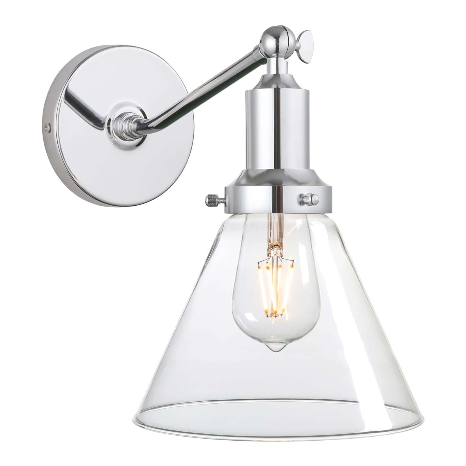 PERMO Industrial Vintage Wall Sconce Light Fixture, Funnel 1-Light, Hardwired, Chrome, Model Y410, Metal Construction