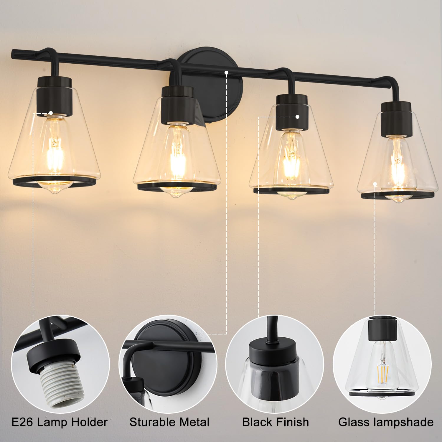 Nadosa Black Bathroom Light Fixtures 4 Light Bathroom Vanity Lights Over Mirror With Clear Glass Shade, 30 Inch Vanity Lights For Bathroom Modern Wall Sconce Lighting (Exclude E26 Bulb)