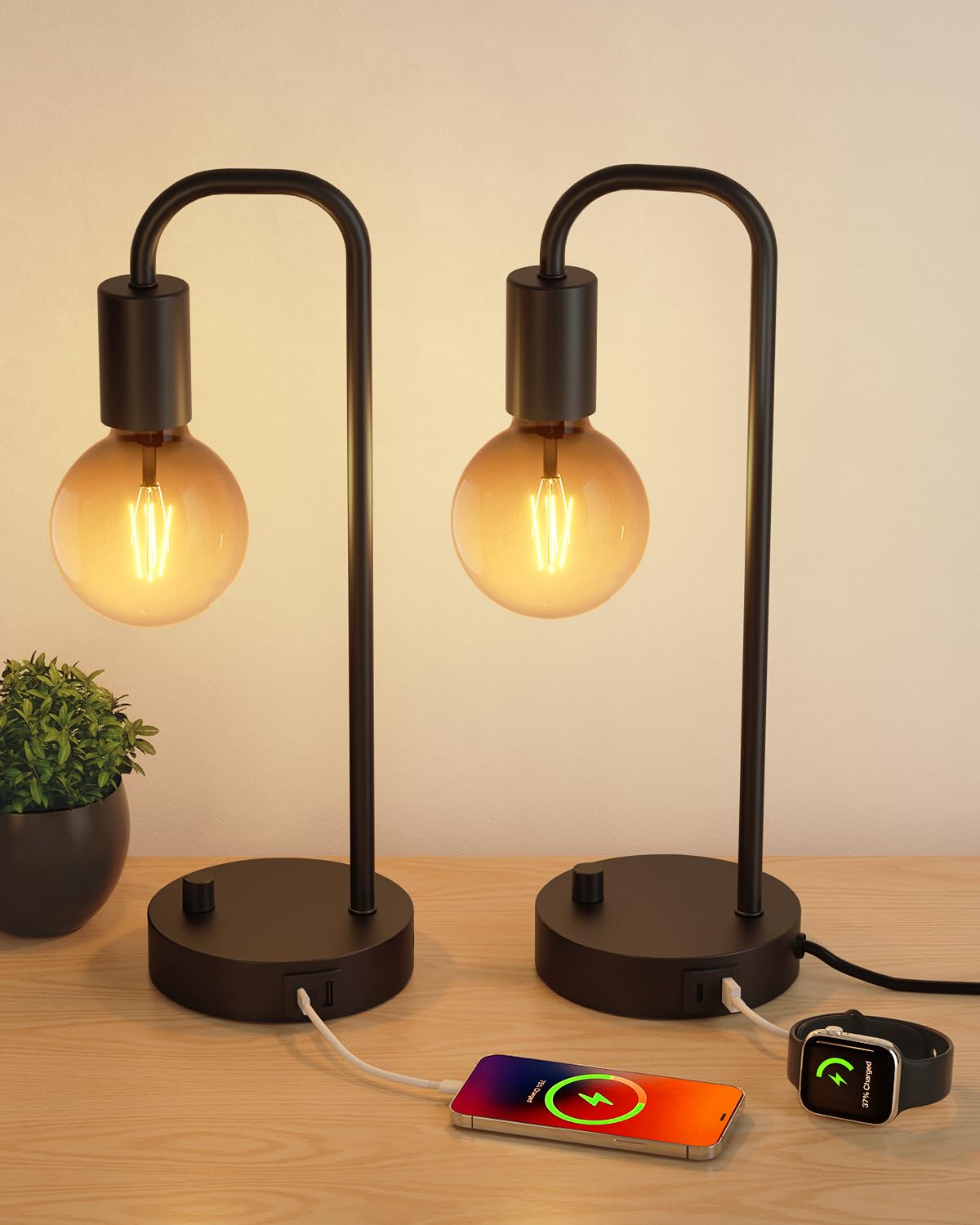 ONEWISH Industrial Table Lamp Set of 2 with USB C&A Charging Port, Stepless Dimmable Nightstand Bedside Lamps for Bedroom,Desk L