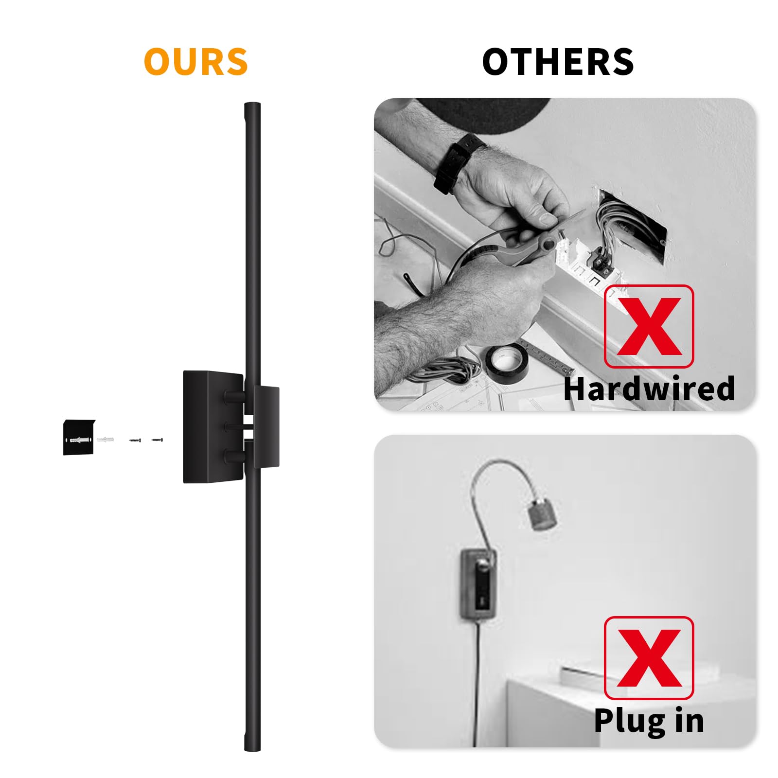 Torchlet Battery Operated Wall Sconce Set of 2, Dimmable LED Lights, 3000K-6000K, Black, Model WL001, Independently Rotatable
