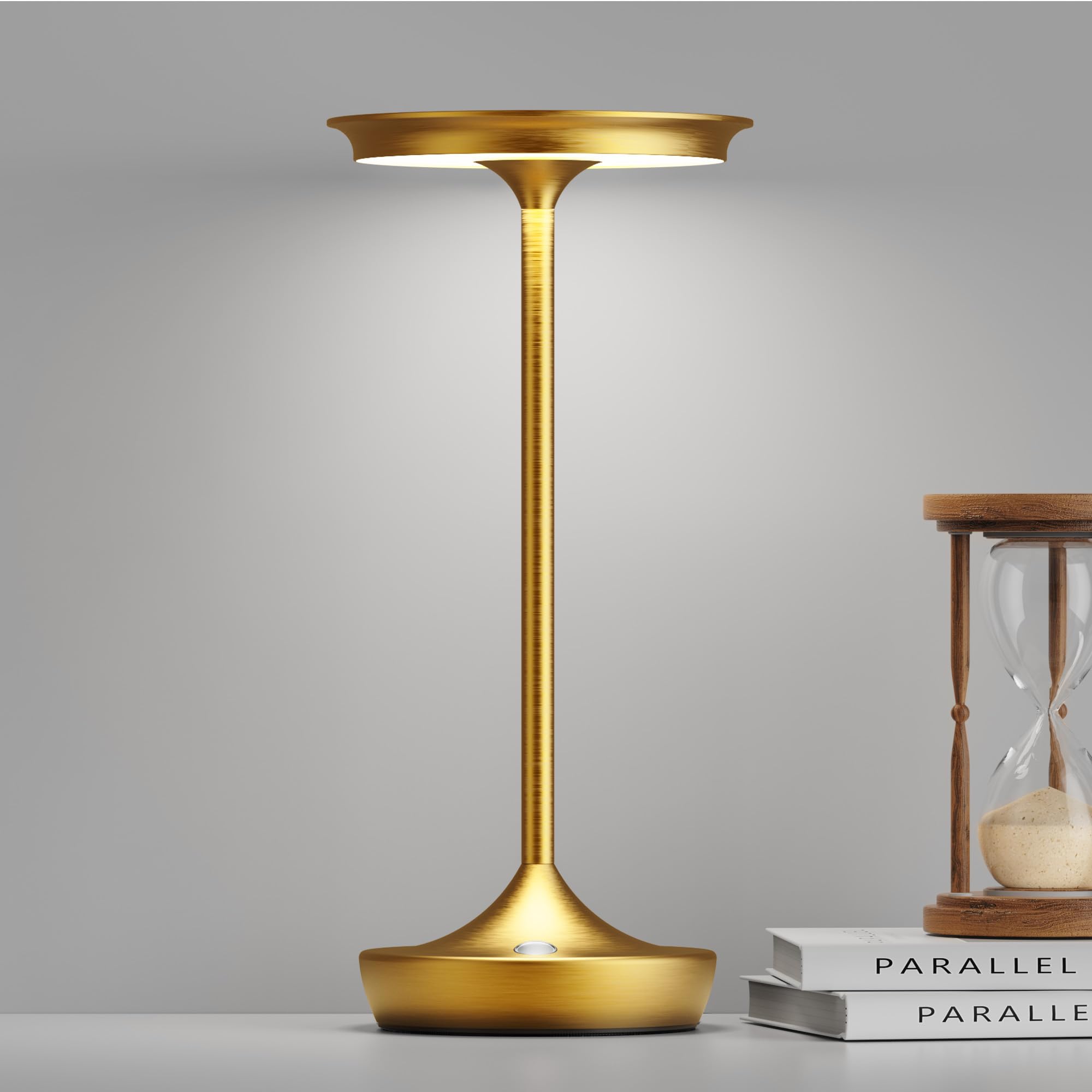 SHANGCAI LED Cordless Table Lamp, Rechargeable, 3 Color Dimming, Aluminum, Gold