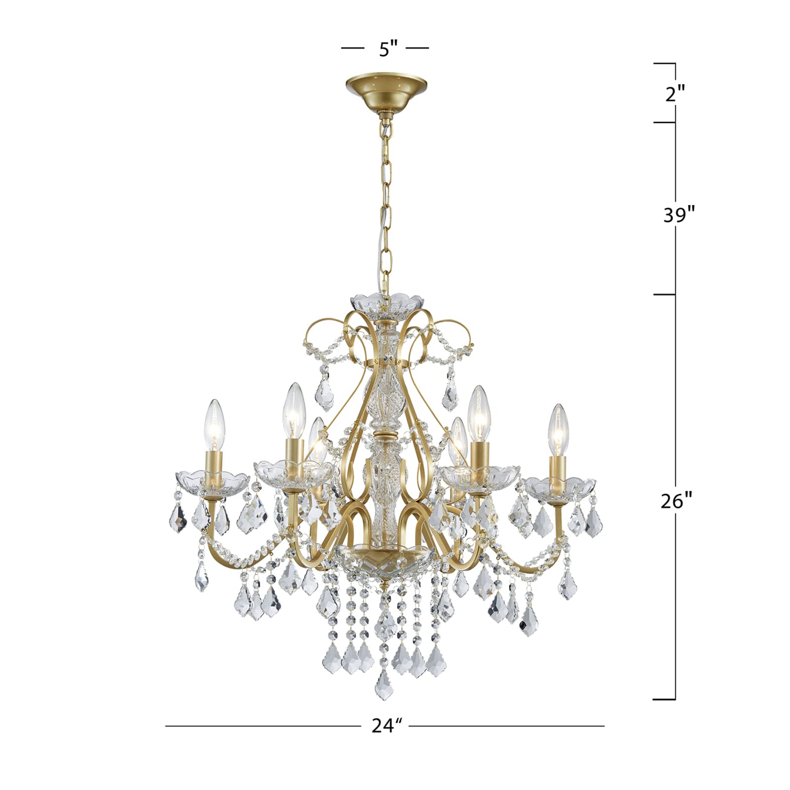 Bestier Gold Vintage Candle Chandelier Lighting Fixture, 6 E12 Bulbs, D24" x H26", Ideal for Dining Room, Bathroom, Foyer, Livingroom