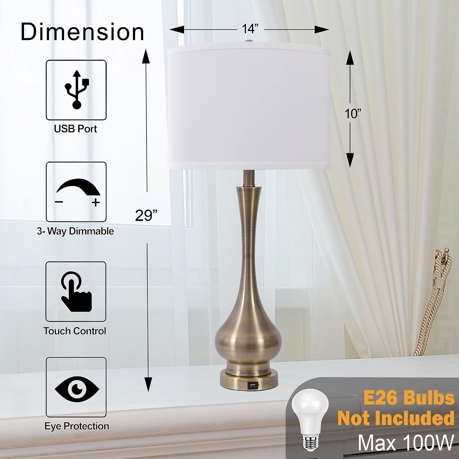 Touch Lamp For Bedrooms Set Of 2, 3-Way Dimmable Nightstand Lamp Sets With Linen Fabric Shade, Bedside Lamp With Usb Port & E26