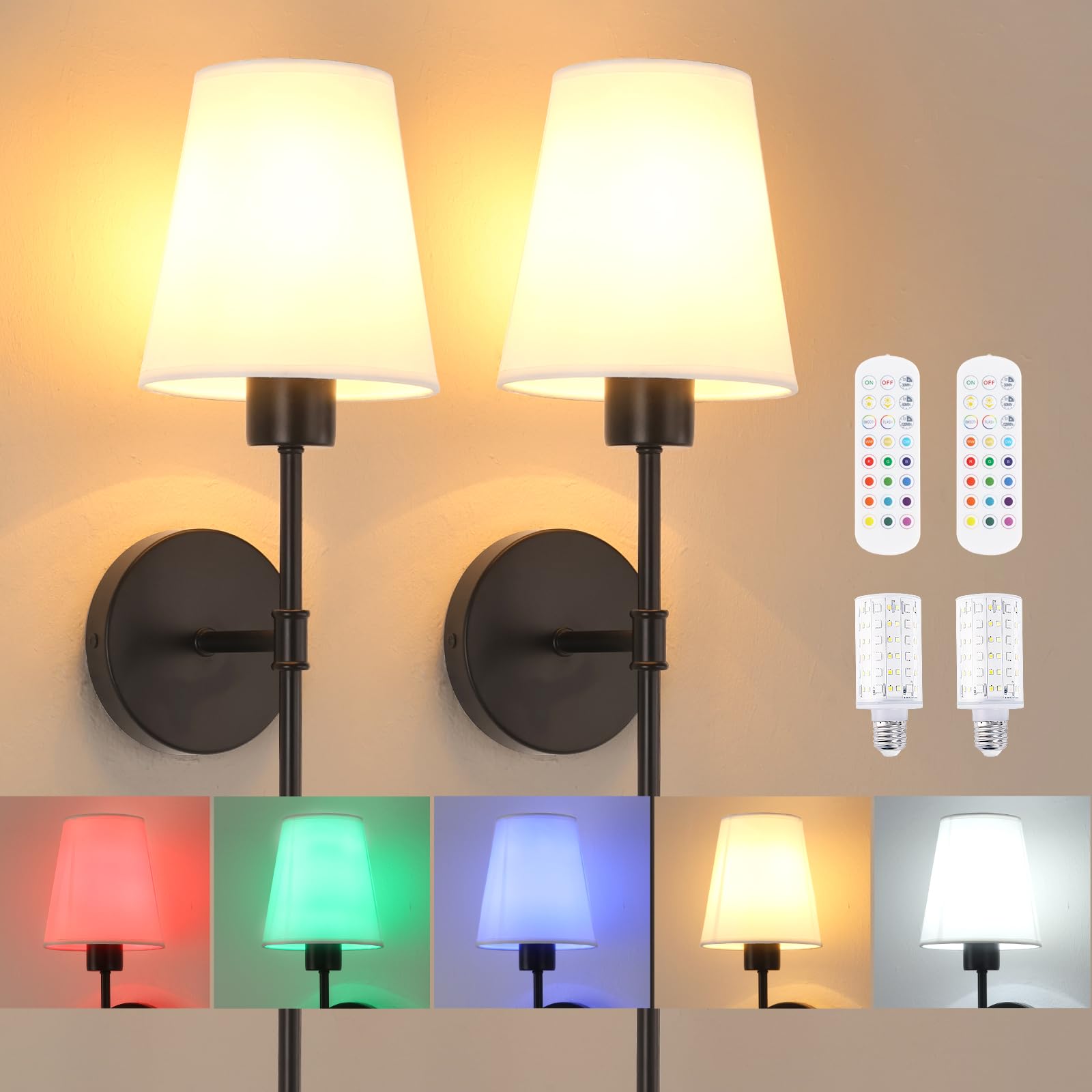 Shenmoyl Battery Operated Wall Sconces Set of 2  120H Usage Time 22.6 Rechargeable Wall Light with Dimmable Bulb  12 Colors Wall Sconce for Bedroom Living Room  Black