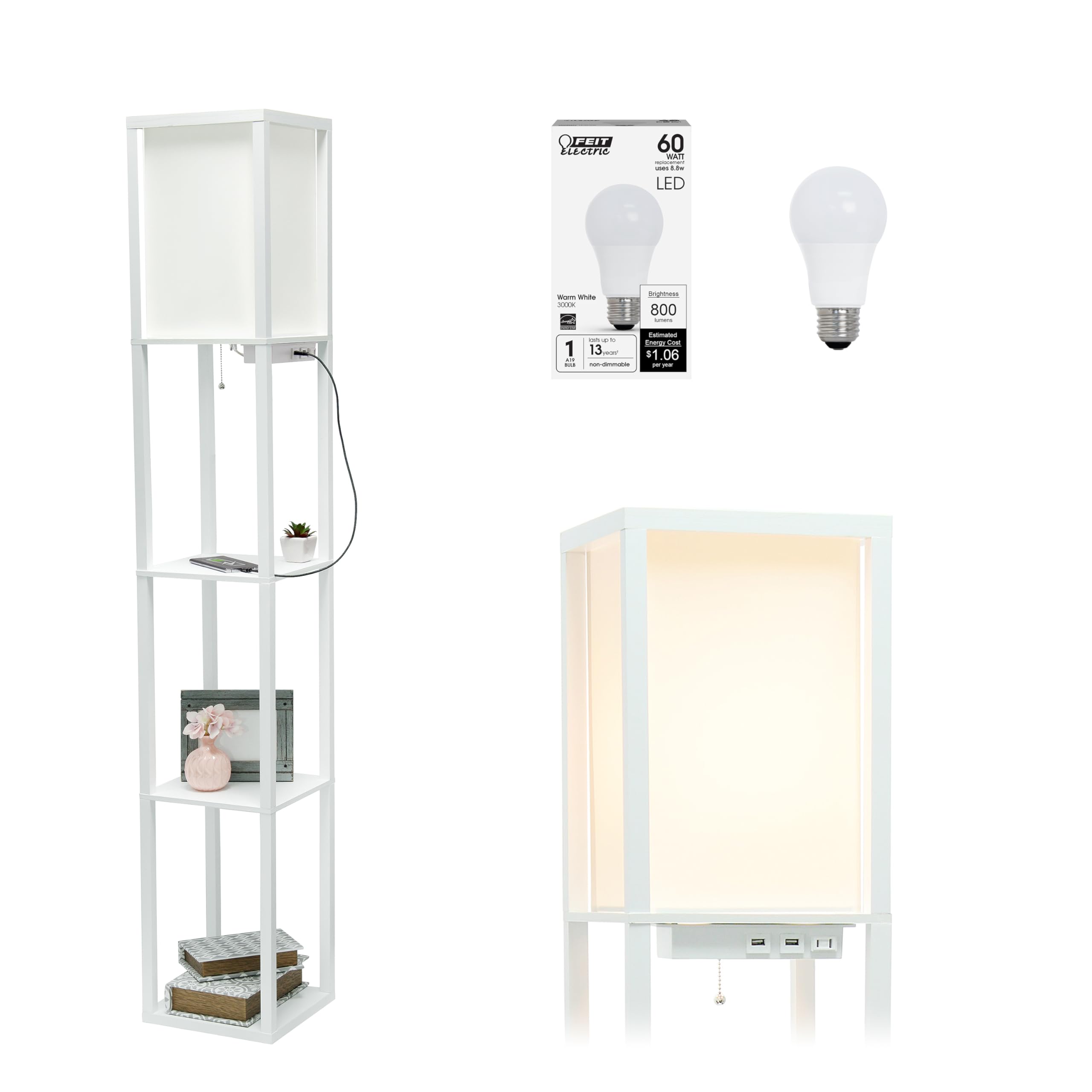 Simple Designs Lf1037-Wht-Lb Three Shelf Etagere Organizer Storage Floor Lamp With 2 Dual Usb Ports And Charging Outlet, White, 