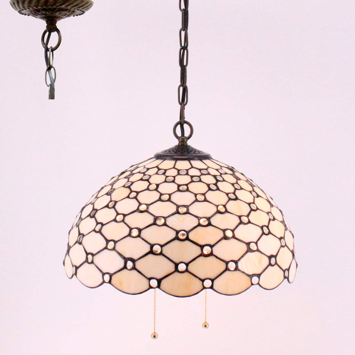 WERFACTORY Tiffany Pendant Light Fixture, Cream Amber Bead, 16 Inch Hanging Lamp, Large, S005 Series