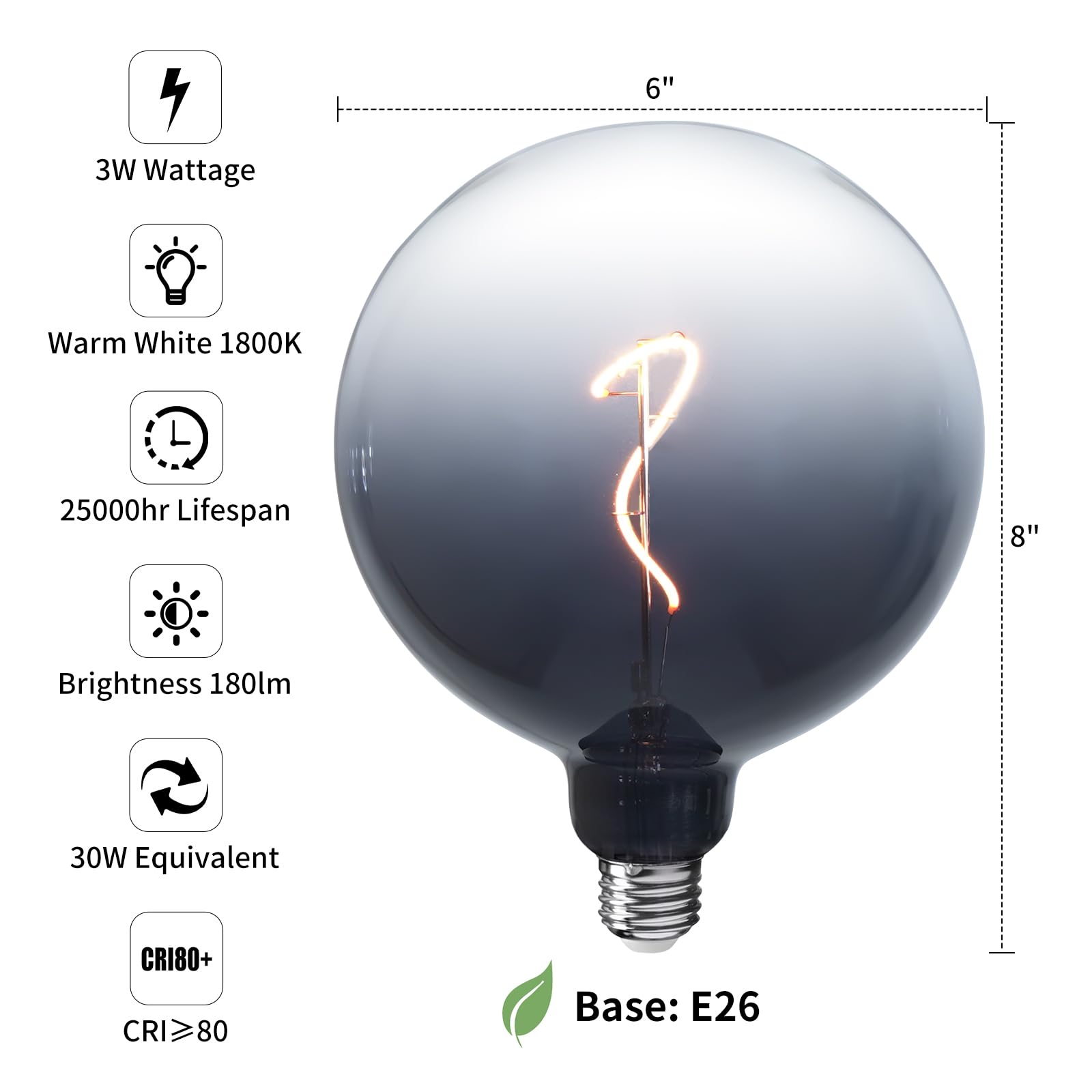 Onewish G150 Globe Led Bulb - Gradient Black Clear Glass Decorative Design, E26 Led Filament Bulb, Warm Lighting For Livingroom