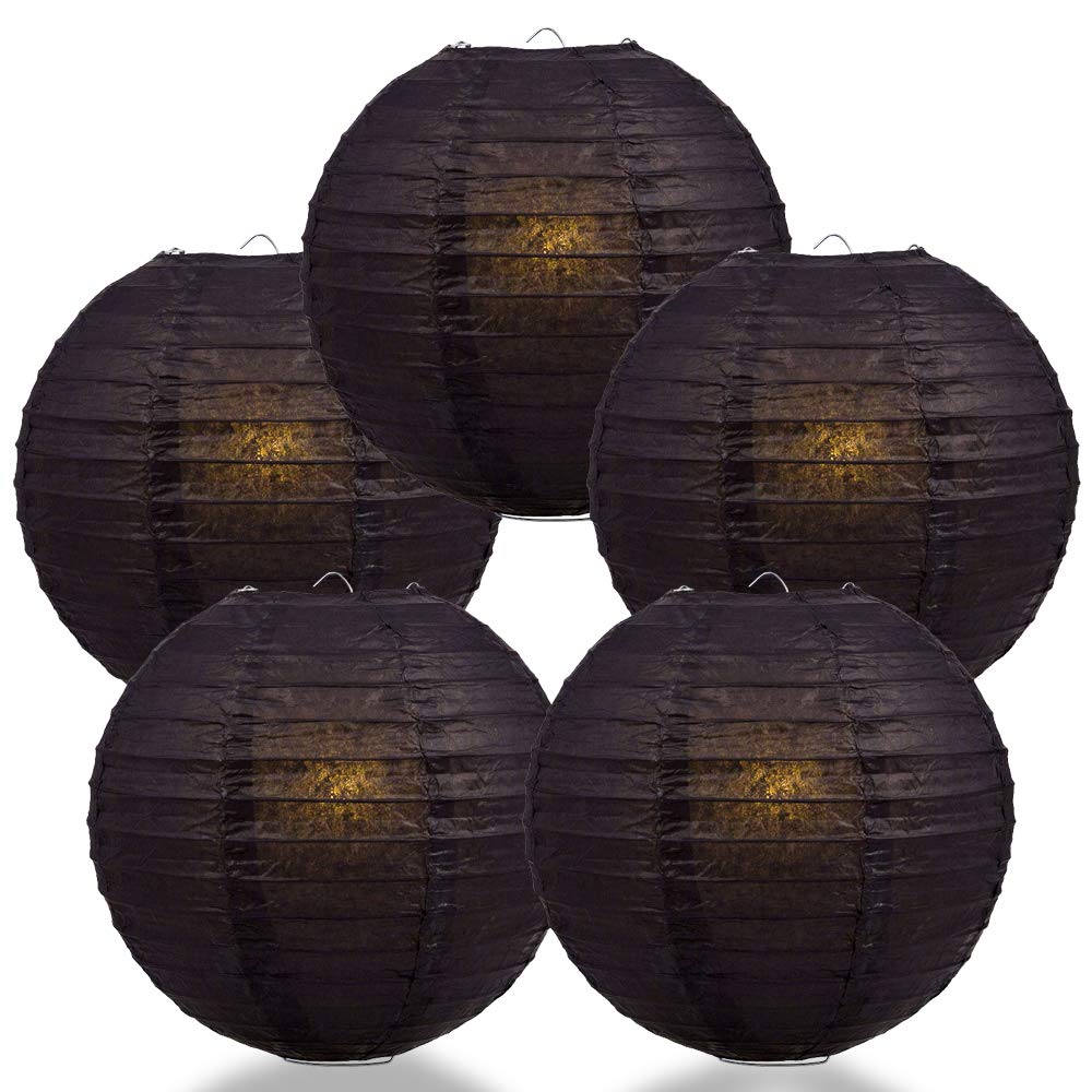 Quasimoon 16 Inch Black Round Paper Lanterns, 5-Pack, Even Ribbing, Paper Hanging Decoration