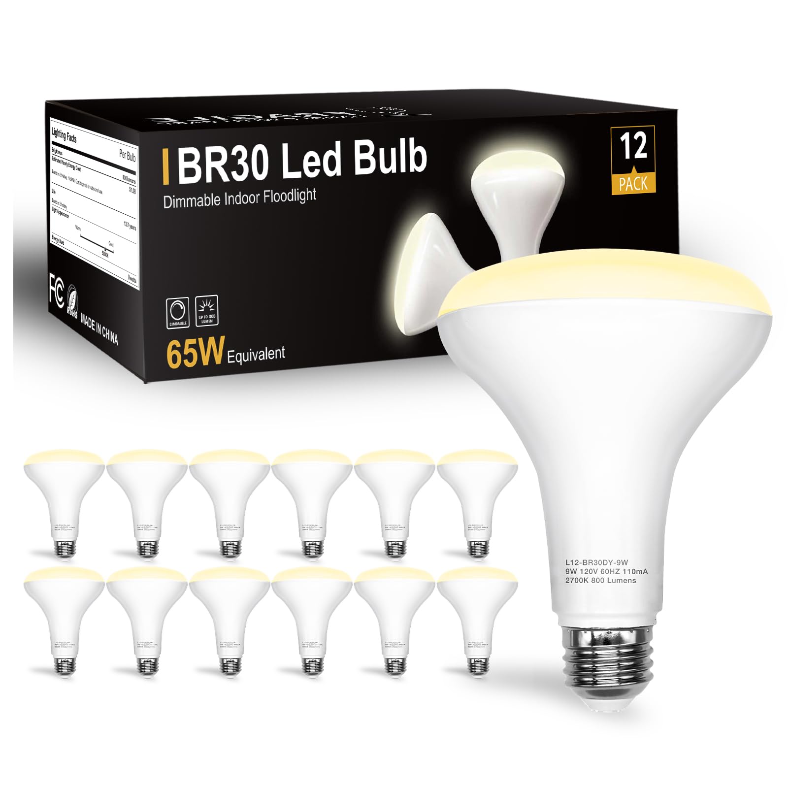 DAYBETTER 12Pack BR30 LED Recessed Light Bulb Equivalent 65W, Dimmable Indoor Flood 9W Light Bulbs 2700K Warm White 800Lumens, CRI80,E26 Base LED Can Light Bulb