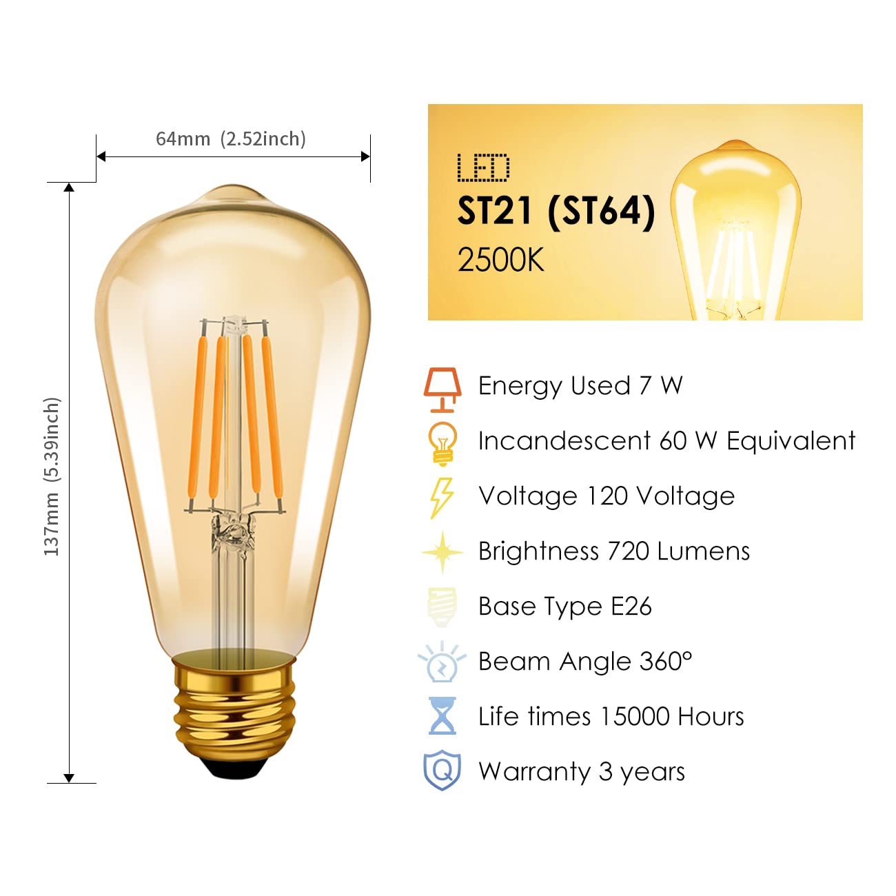 Lvwit Vintage Edison Light Bulb St21 Led Filament Bulb 8W(60 Watt Equivalent) Dimmable 2500K (Amber Glow) Warm White E26 Medium