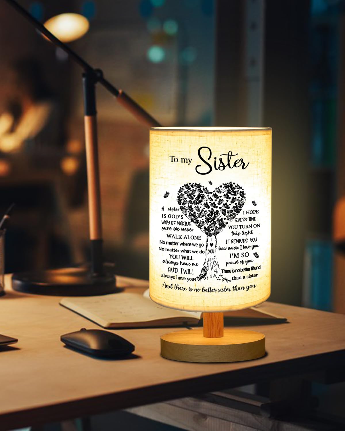 Sisters Gifts From Sister, To Sister Fabric Table Lamp, Sister Valentines Day Birthday Gifts For Sister, Bedside Table Lamp Gift