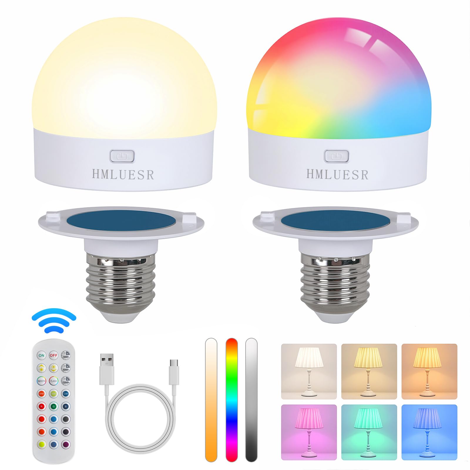 HMLUESR Rechargeable LED Light Bulbs, 300LM, 15 RGB Colors, Dimmable, E26 Base, 3600mAh, 2 Pack, ABS Material