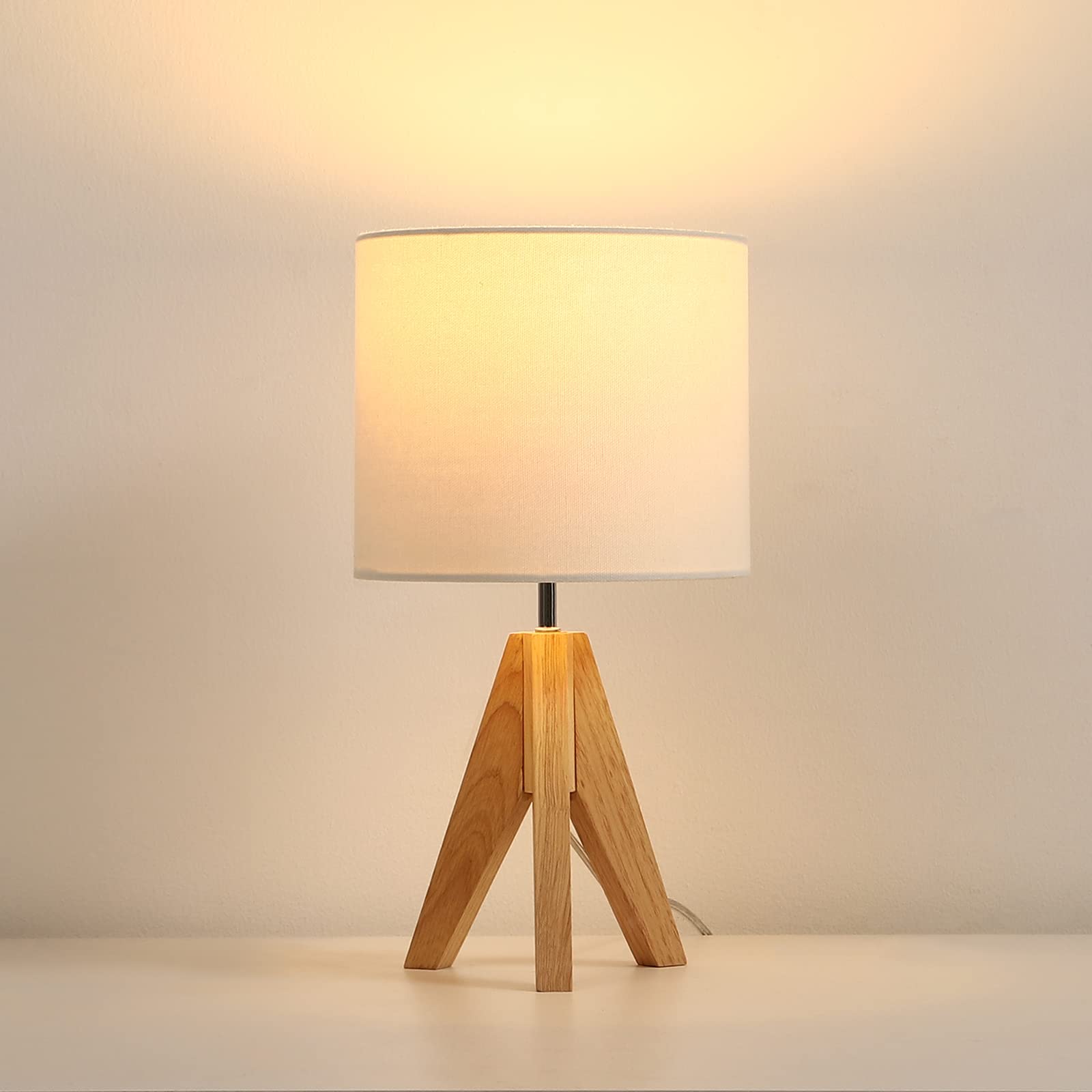 DEWENWILS Mid Century Bedside Lamp, Small Tripod Table Lamp with Linen Fabric Shade, Wood Nightstand Lamp for Nursery, Living Ro