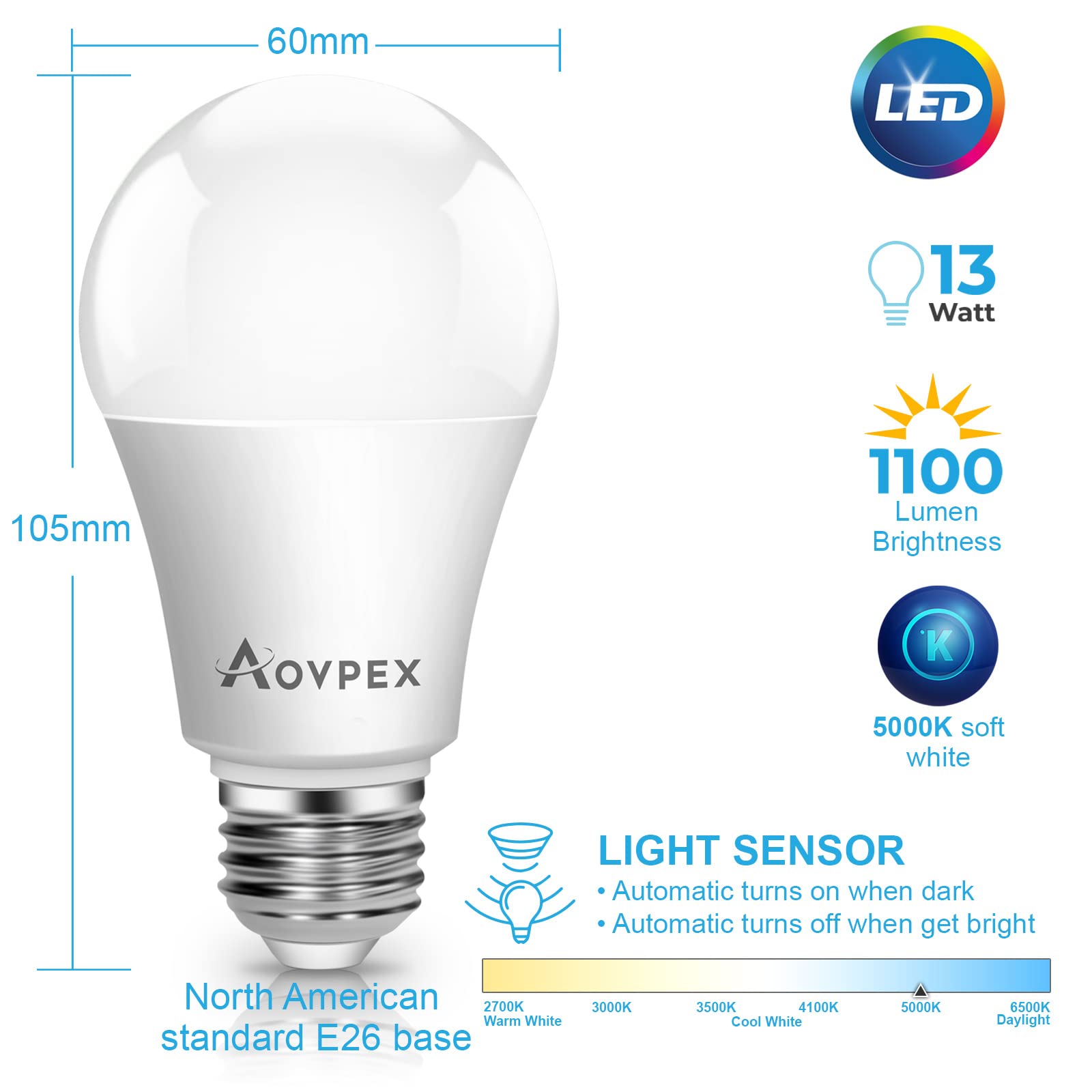 Aovpex 13W Dusk To Dawn Led Light Bulbs, 100W Equivalent, 5000K Daylight,