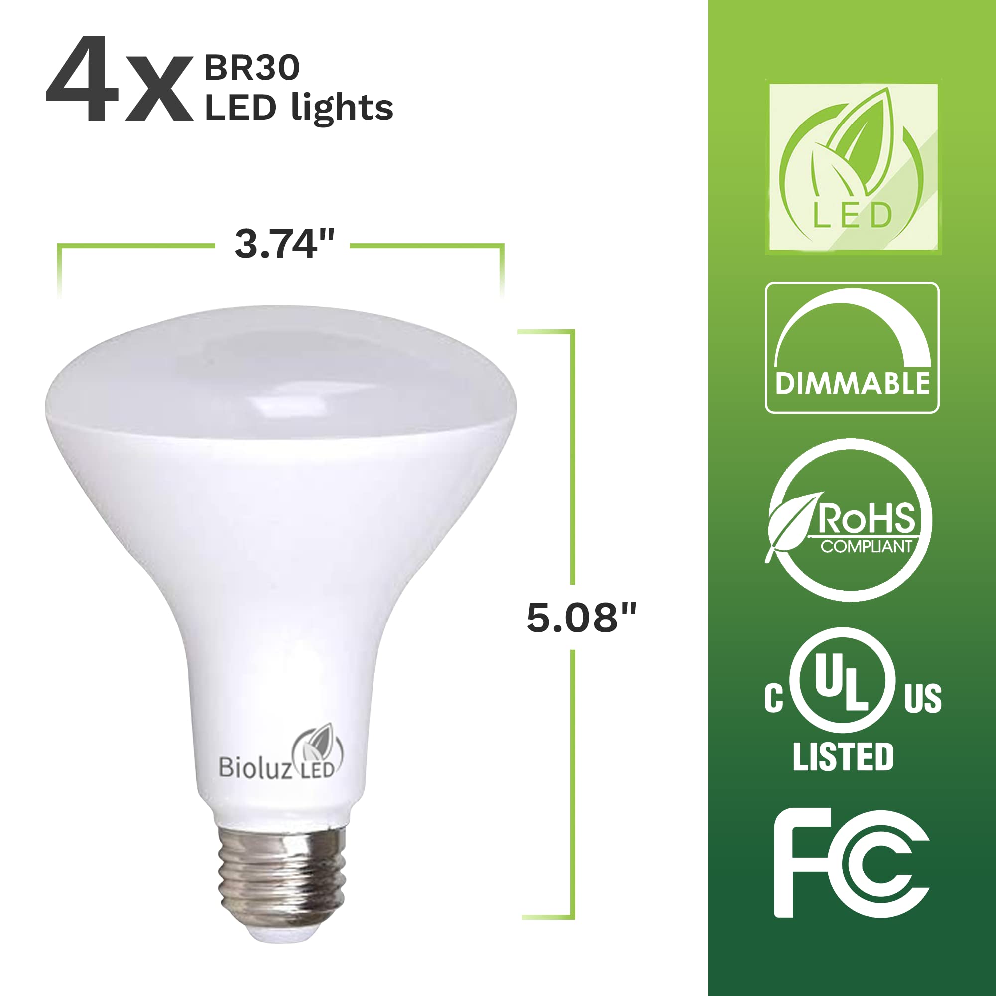 Bioluz Led 4 Pack Br30 Led Bulbs Indoor Flood Lights 90+ Cri 65W Equivalent Uses 7.5W 5000K Daylight 650 Lumens E26 Base Dimmabl