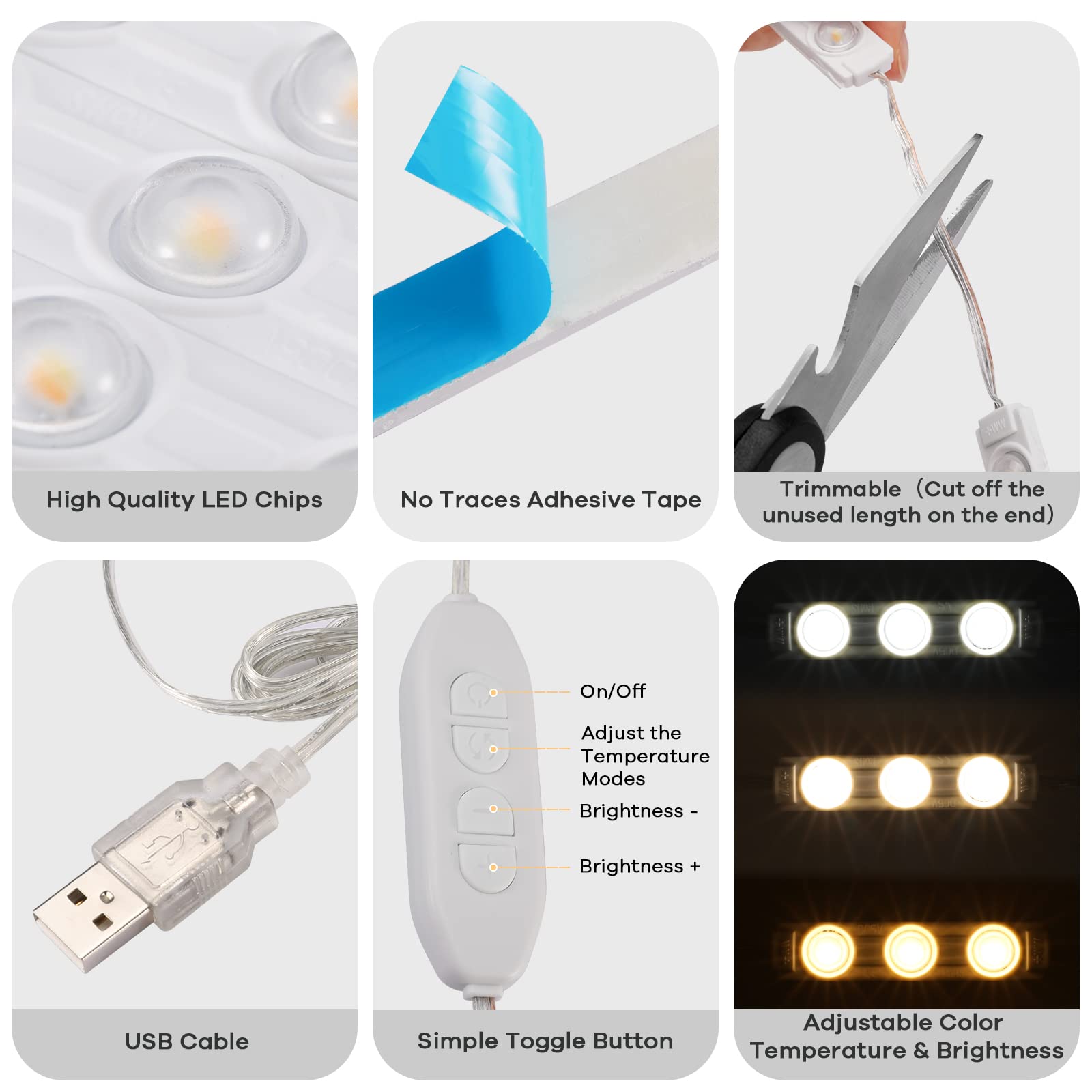 Consciot LED Vanity Lights Strip, Dimmable Makeup Lights, Adjustable Brightness, USB, Hollywood Style, White, Model CL1100176