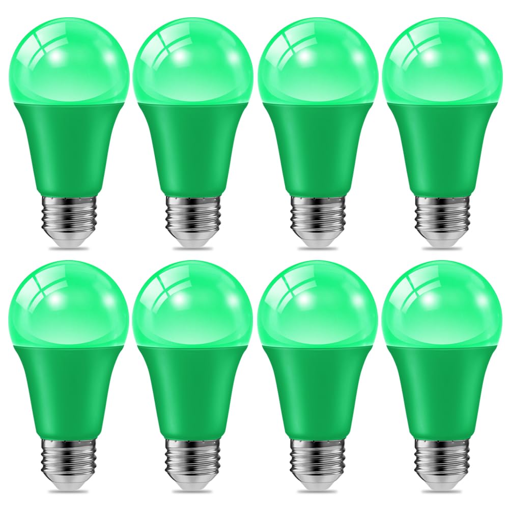 8 Pack 9W (60W Equivalent) 120V E26 Base A19 LED Colored Light Bulb, Green LED Lights for Party Christmas Decor and Halloween Li