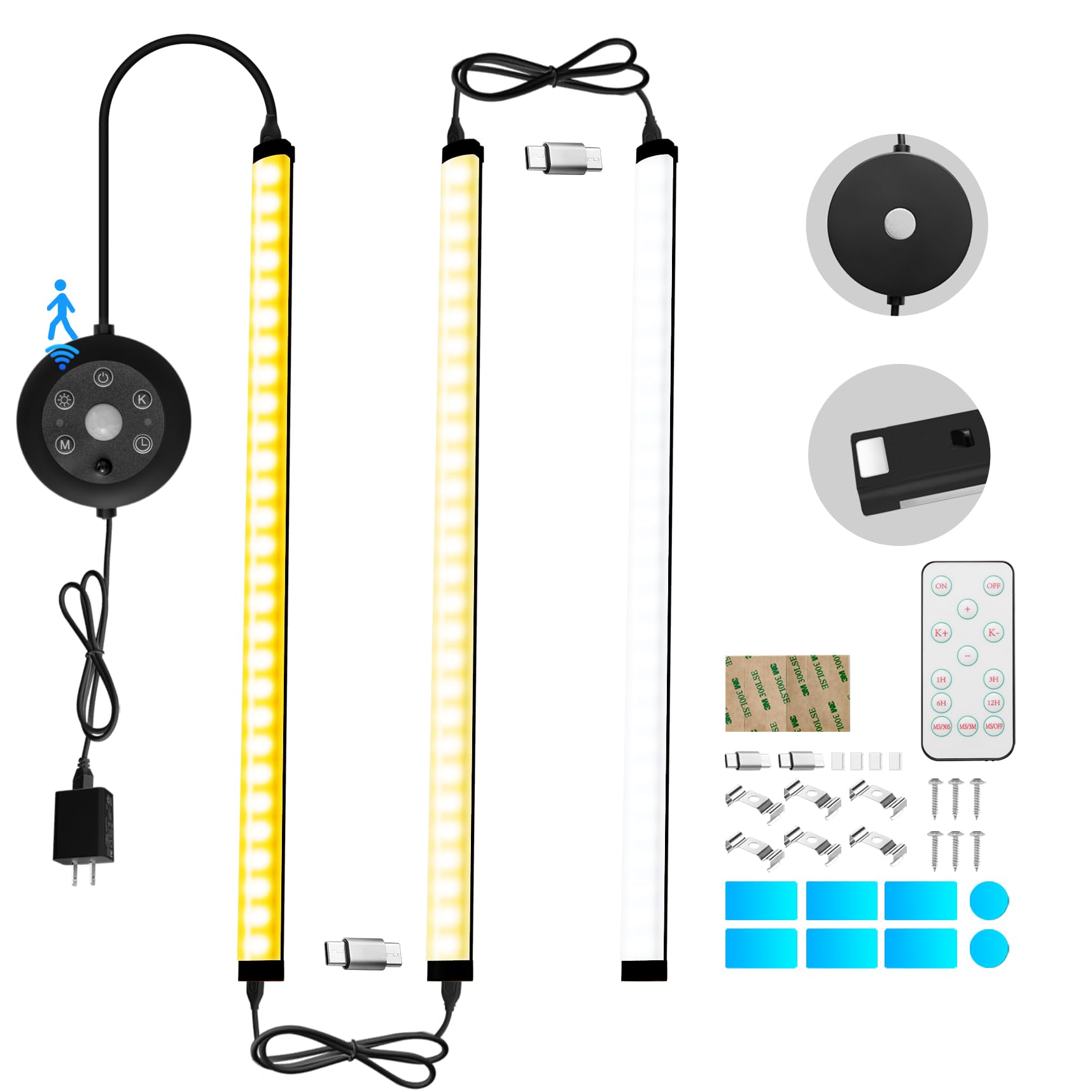 THLIFURE Black Plug in Under Cabinet Light Bar, Dimmable, Motion Sensor, 1ft, Plastic, Model TH-SSCABL-00, 3 Pack