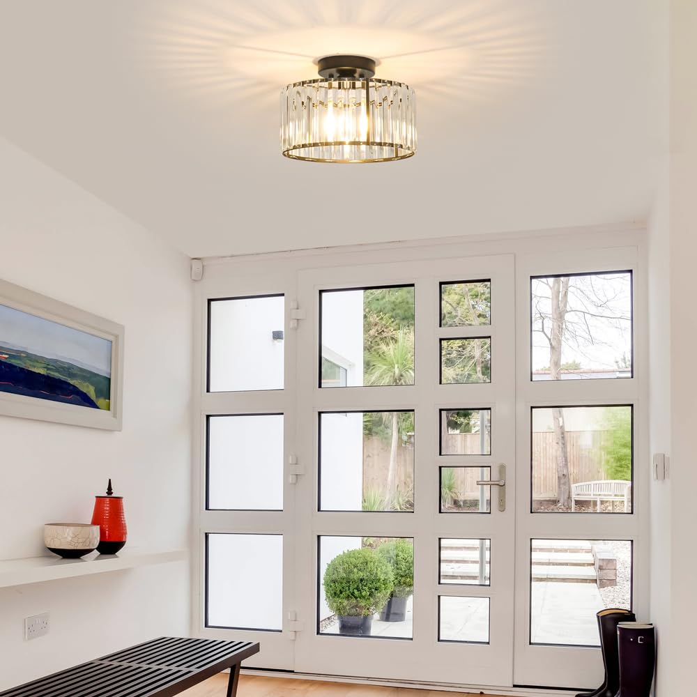 Crystal Ceiling Light Fixture, Modern Semi Flush Mount Ceiling Light, Black Close To Ceiling Light Fixtures, Crystal Chandelier