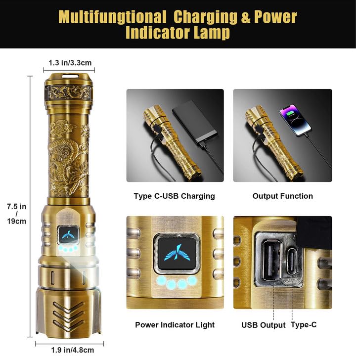 SKYFIRE Rechargeable Flashlight 3000lm Super Bright, Waterproof, Zoomable, Aluminum Alloy, Model SF-1097-Gold