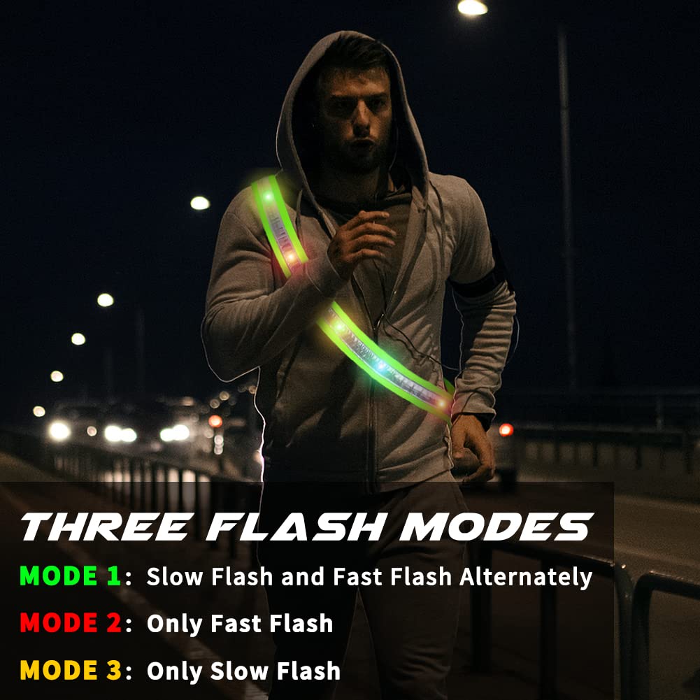OLIKER LED Night Running Gear - High Visibility Flashing Sash for Men & Women, Rechargeable Outdoor Safety Gear, Green Short Size