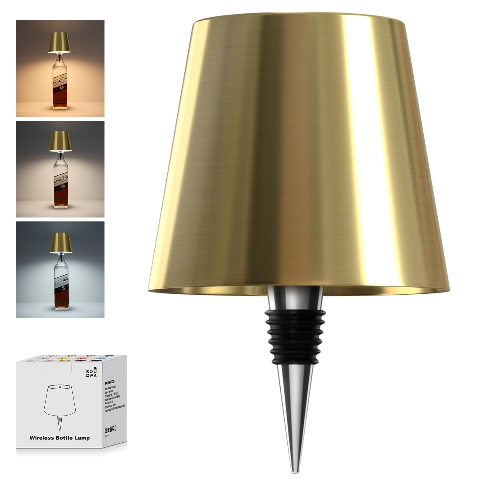 SOUDFK Wireless Bottle Lamp, 2025 New 3 Color Rechargeable Wine Bottle Lights for Bars Restaurants (Electroplated Gold Color, 1P