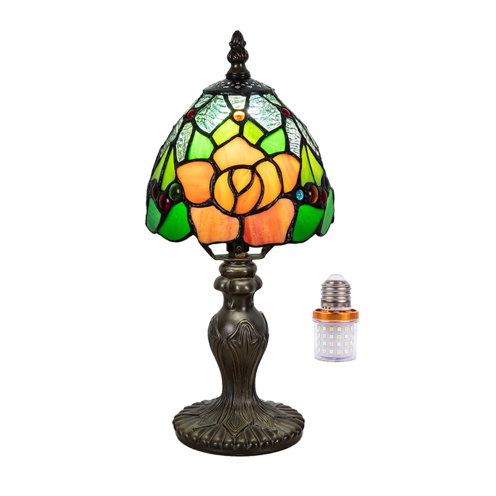 Nizrsky Small Tiffany Table Lamp, 3 Color-Temperature Roses Stained Glass Lamp,6 Inch Tiffany Style Lamp for Bedroom Living Room