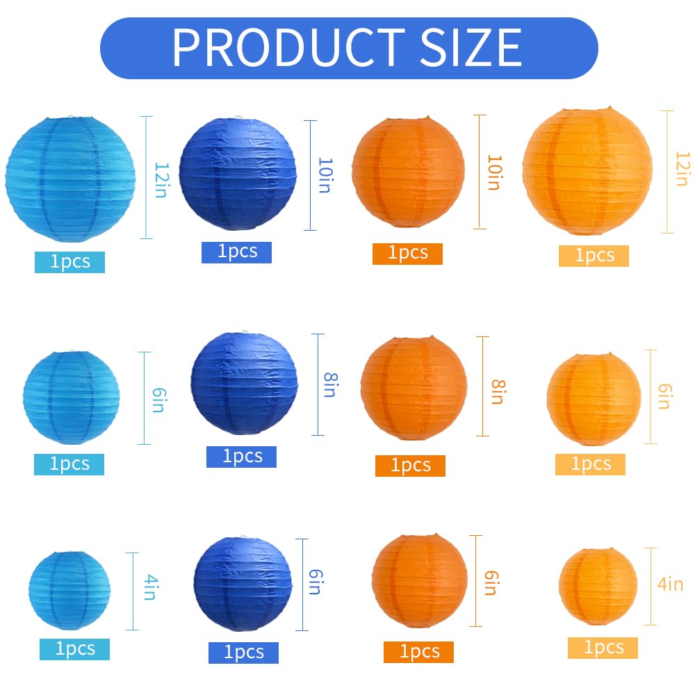 BEISHIDA 12Pcs Paper Lanterns, Blue Orange, Round Hanging Lamps for Birthday, Wedding, Home Decor, 4-12 Inch