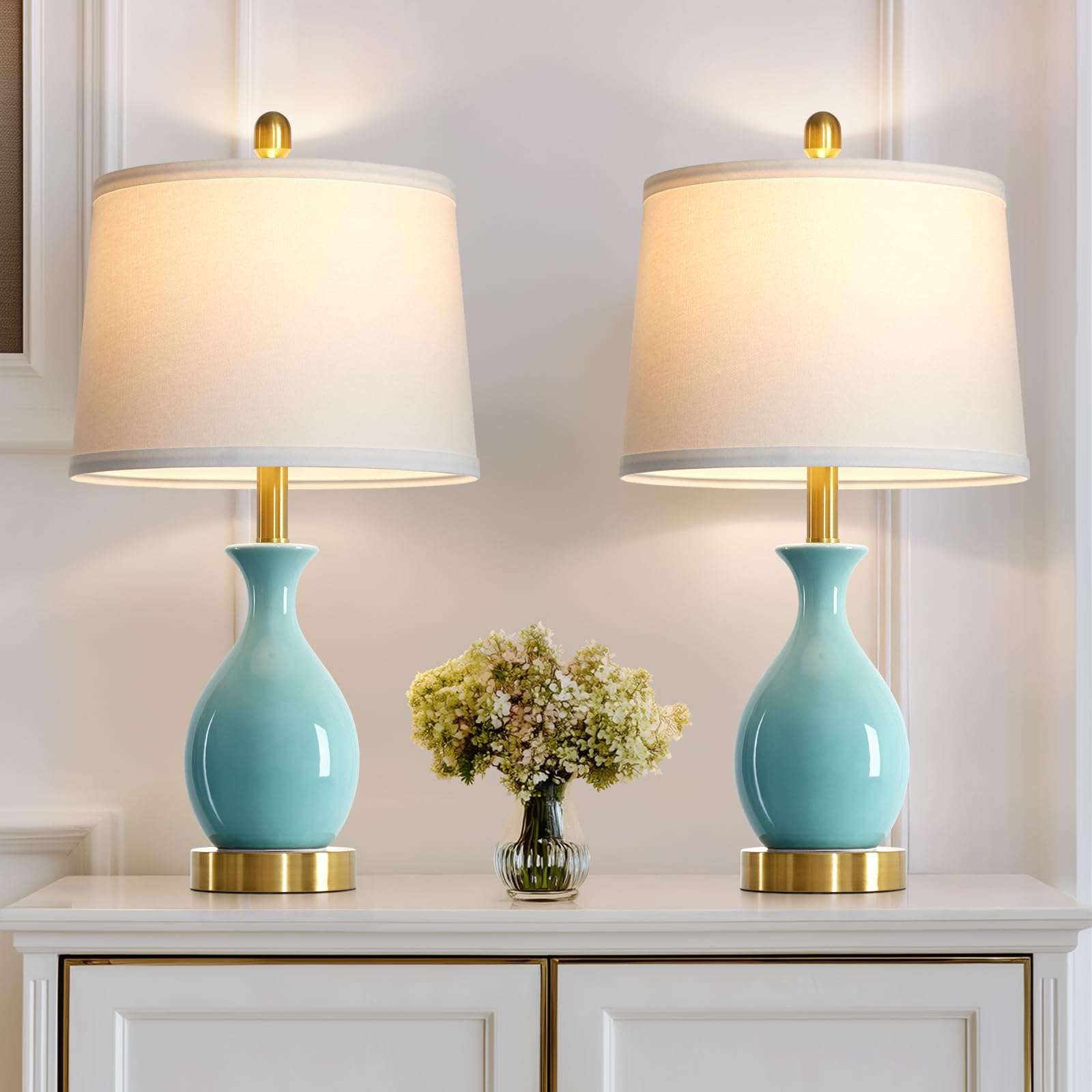 luxeflow 24 Aqua Blue Ceramic Table Lamps Set of 2, Modern Classic Bedside Lamps for Bedroom Nightstand, Small Table Lamp for Li
