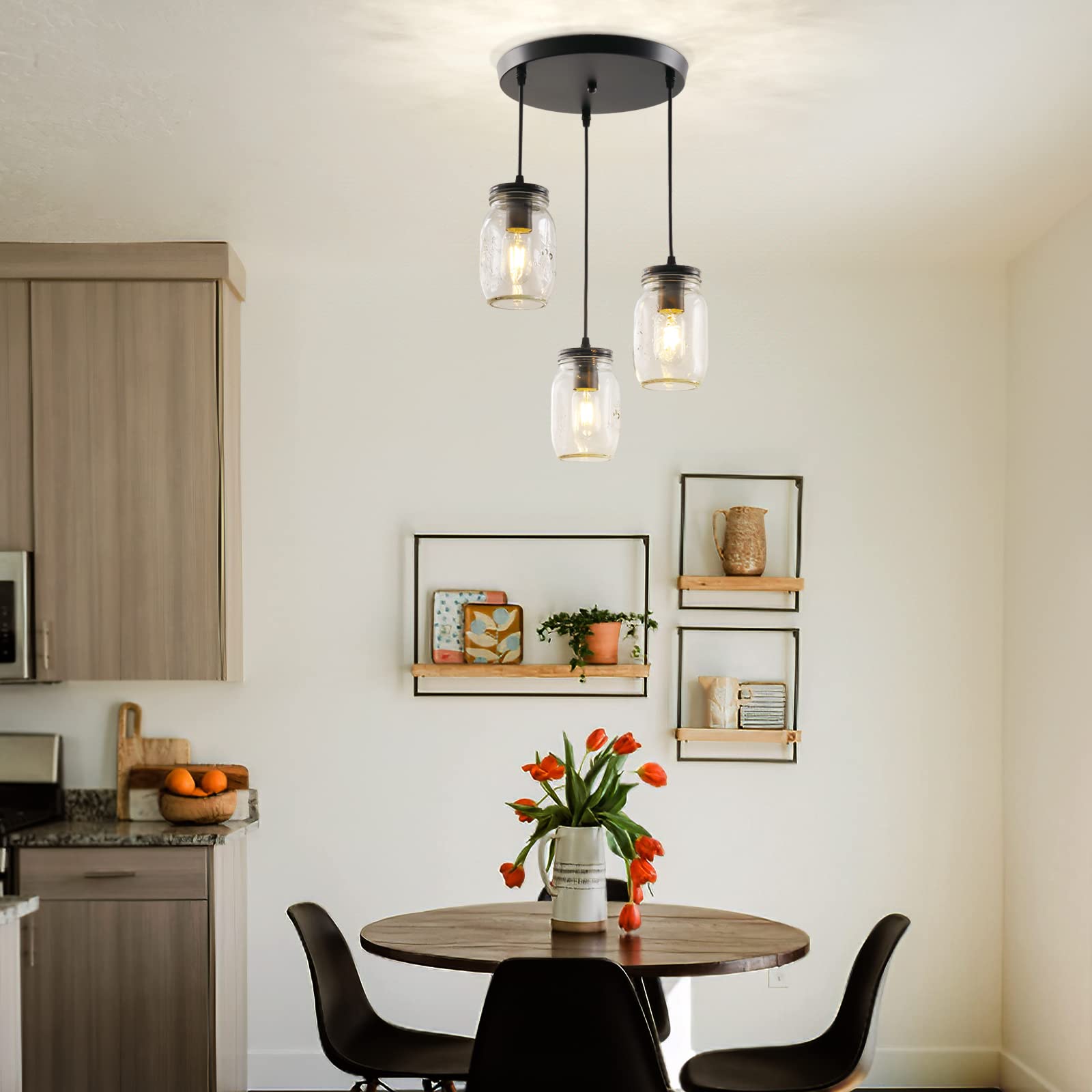 UShe DHome Mason Jar Pendant Light, 3-Light Adjustable Chandelier, Glass, Farmhouse Style, Model AY-0836-3P-BK, Ideal for Kitchen/Dining Room