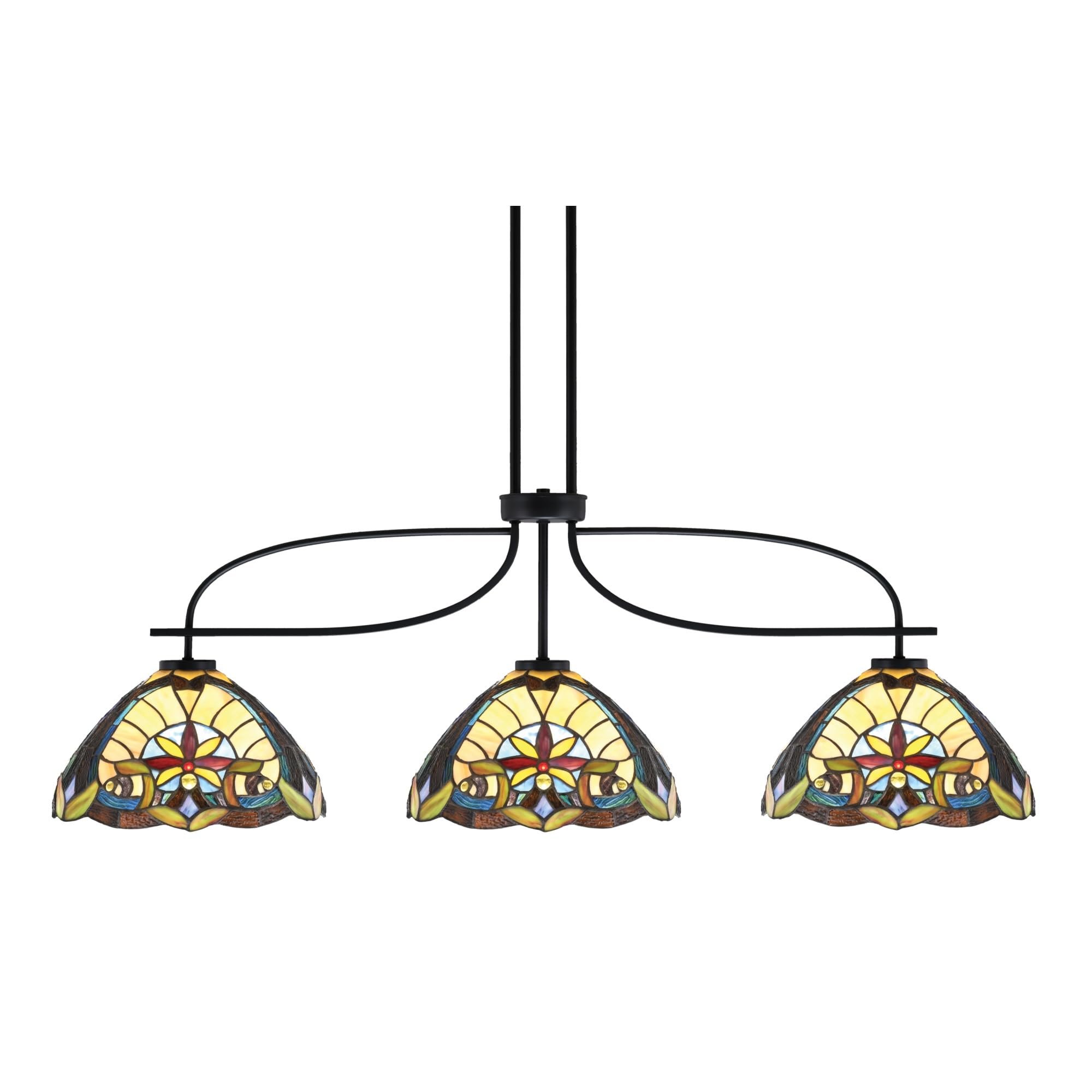 Cavella 3 Light Island Light Shown in Matte Black Finish with 12&quot; Earth Star Art Glass