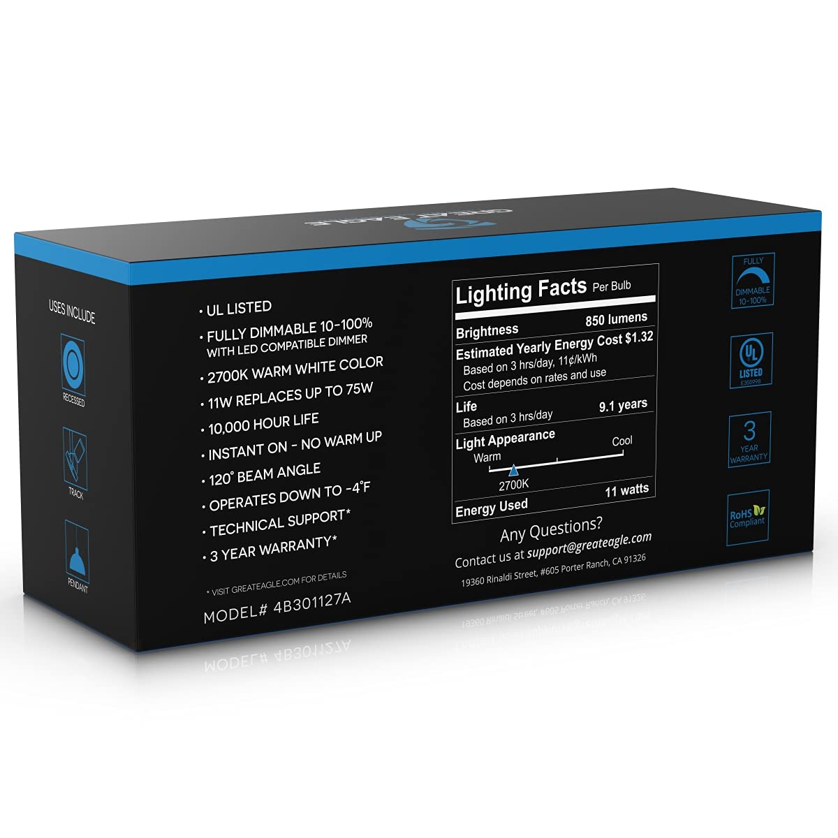 Great Eagle BR30 LED Bulb, 11W (75W Equivalent), 850 Lumens, Dimmable, 2700K Warm White, 4 Count Pack, UL Listed